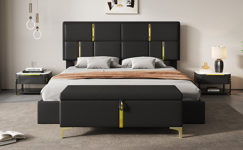 2-Pieces Bedroom Sets,Queen Size Upholstered Platform Bed with Hydraulic Storage System,Storage Ottoman with Metal Legs