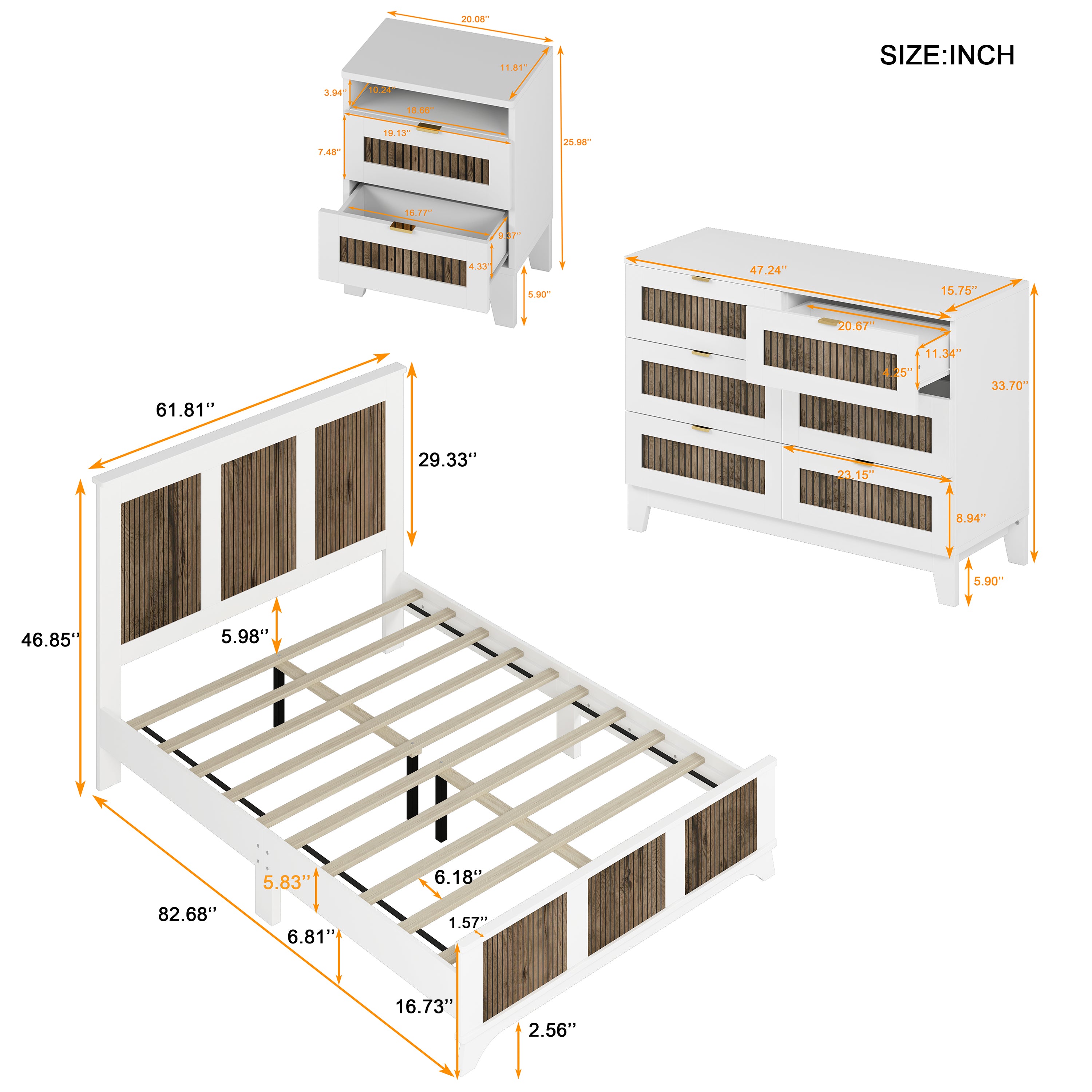 4-Pieces Bedroom Sets, Queen Size Farmhouse Platform Bed with Wooden Strip Stickers Decoration, Storage Nightstand and Dresser with Metal Handle