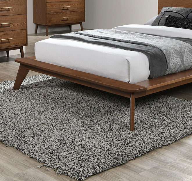 Platform Bed Walnut Color 3pc Bedroom Set King Size Bed 2x Nightstands Wooden Mid-Century Modern Style
