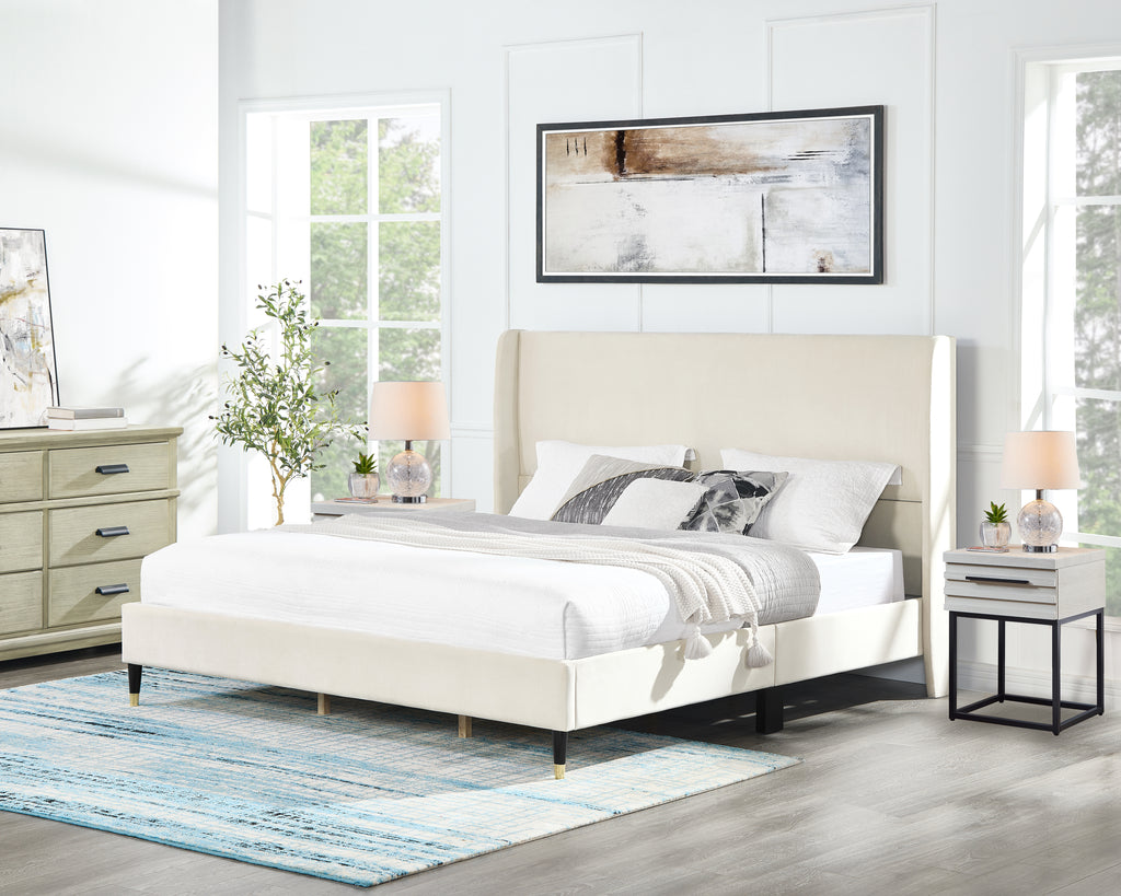 Arles 3-Piece Upholstered Bedroom Set, Wingback Platform Bed with Two Nightstands