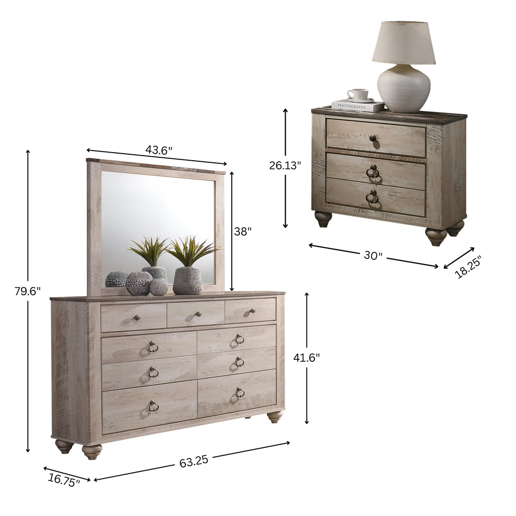 Qraawla Contemporary White Wash Finish 5-Piece Bedroom Set-King Bed, Dresser, Mirror, 2 Nightstands