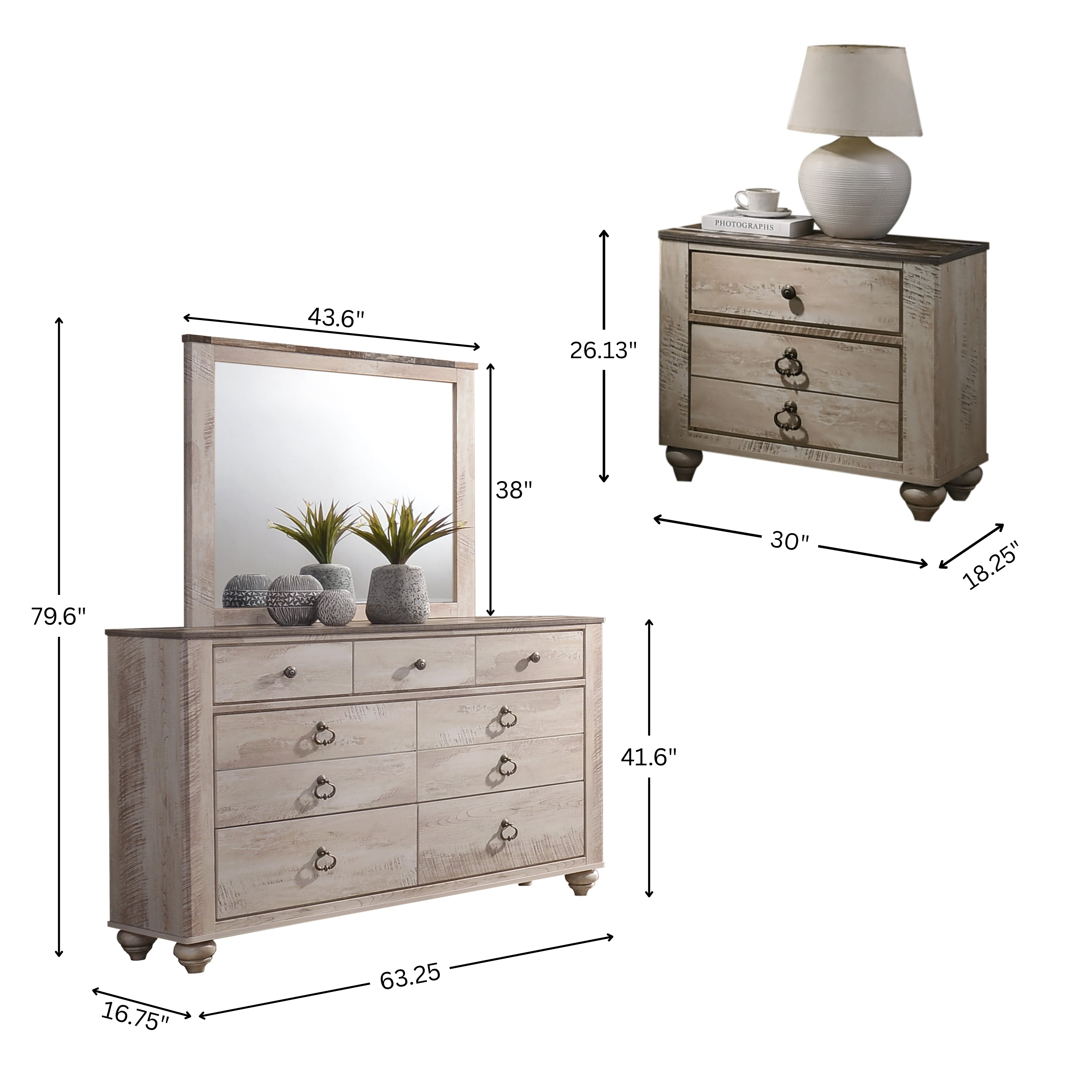 Qraawla Contemporary White Wash Finish 5-Piece Bedroom Set-King Bed, Dresser, Mirror, 2 Nightstands