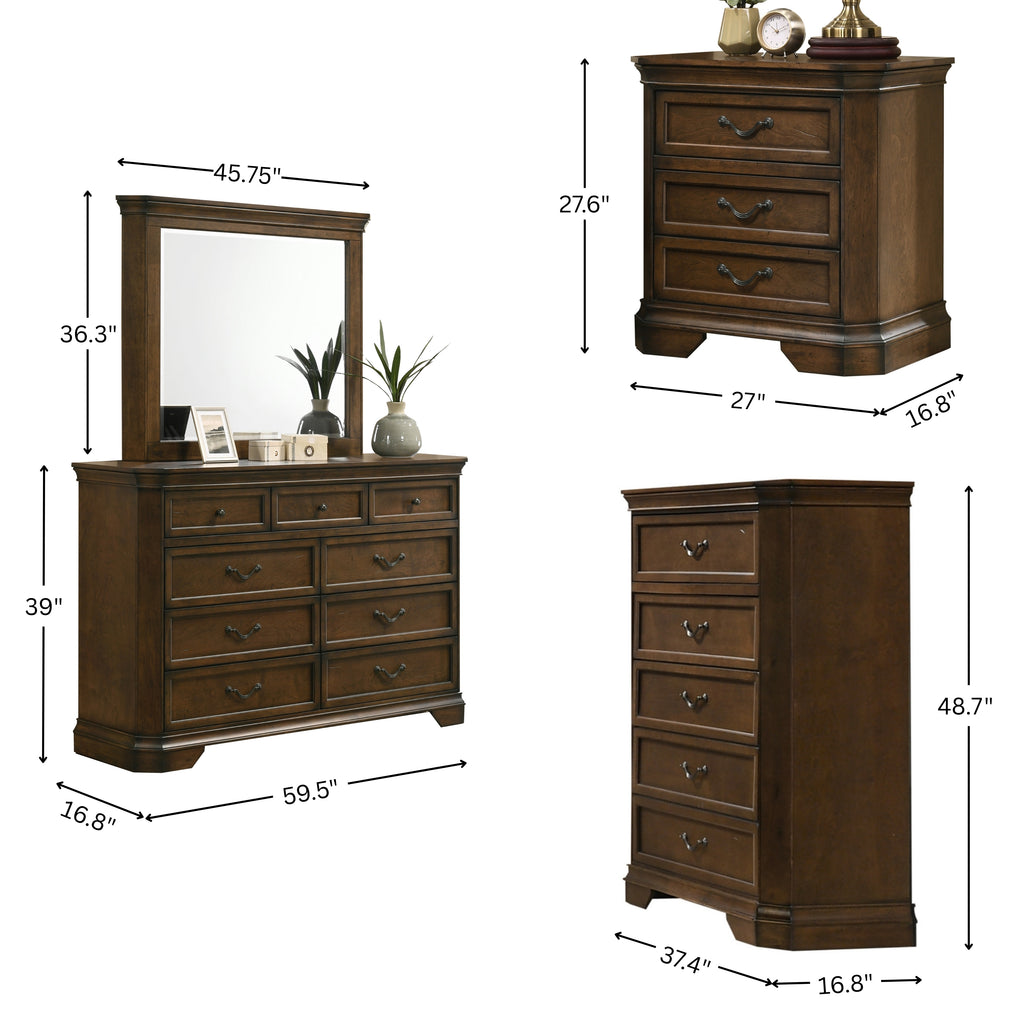 Maderne Traditional Wood Panel 6 pieces Queen Bed set with Dresser, Mirror, Two Nightstands, Chest