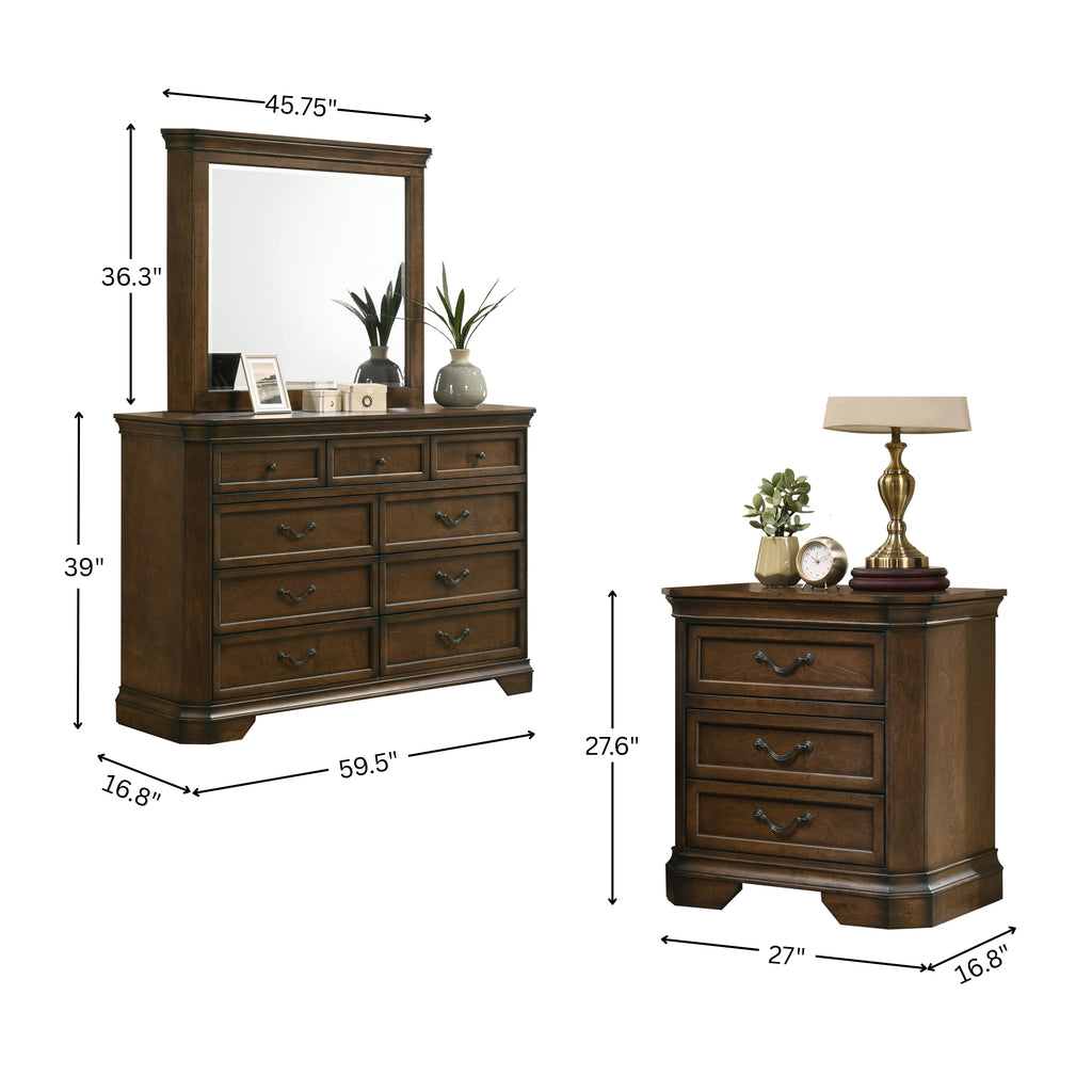 Maderne Traditional Wood Panel Bed with Dresser, Mirror, Nightstand, King size