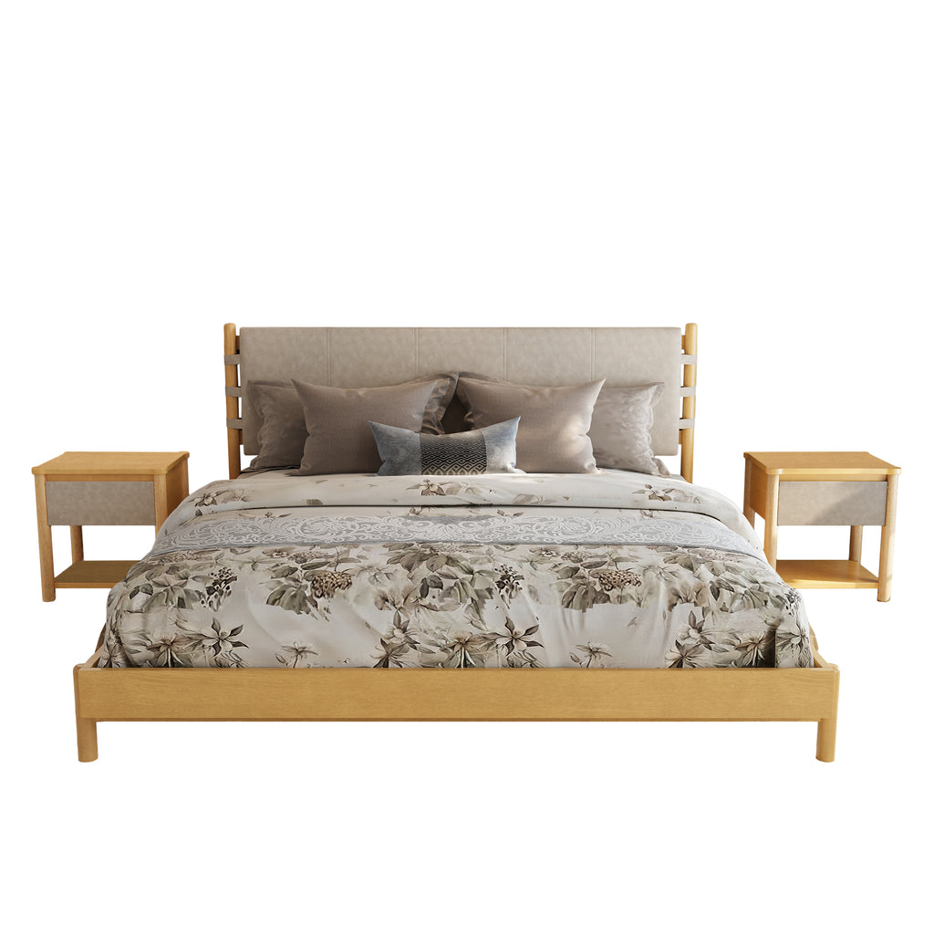 Modern Queen Bed Frame Set with 2 Nightstands, Beige Wood Platform Bed with Headboard and Matching Bedside Tables for Bedroom
