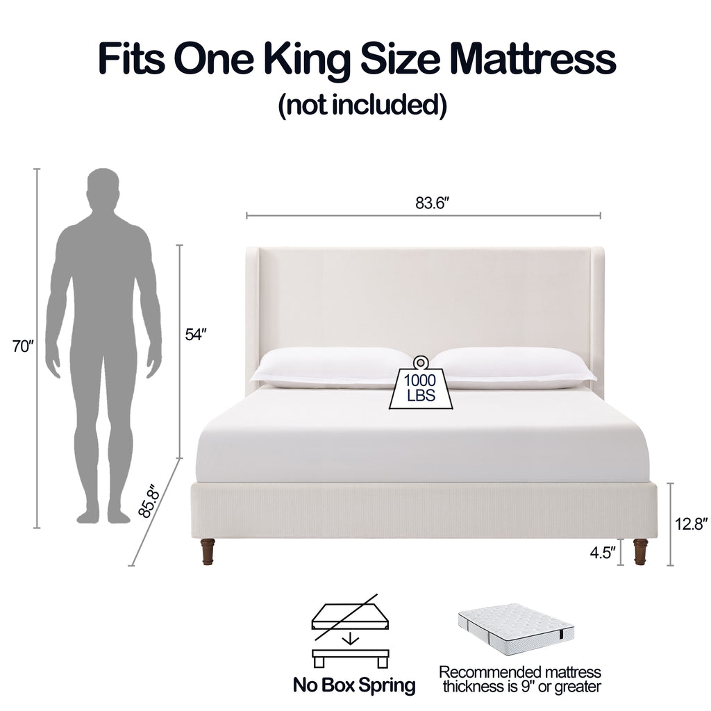 Harper Tall Headboard Upholstered Bed / 54" High Headboard / Elegant Simplicity / No Box Spring Needed / Easy Assembly / King / Cream White Chenille