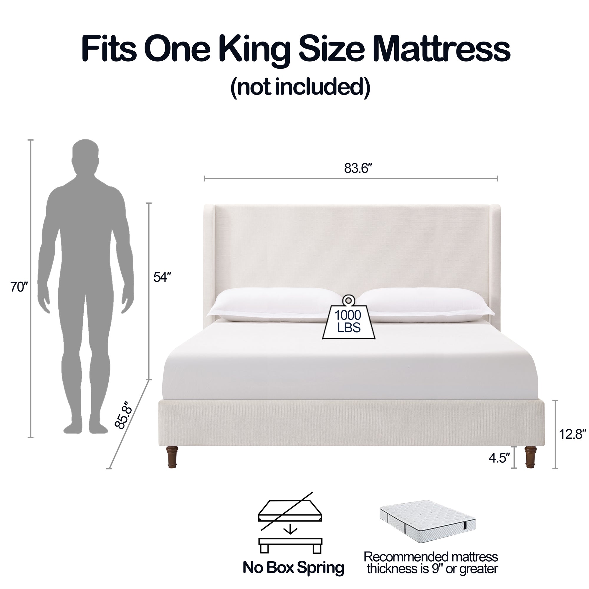 Harper Tall Headboard Upholstered Bed / 54" High Headboard / Elegant Simplicity / No Box Spring Needed / Easy Assembly / King / Cream White Chenille