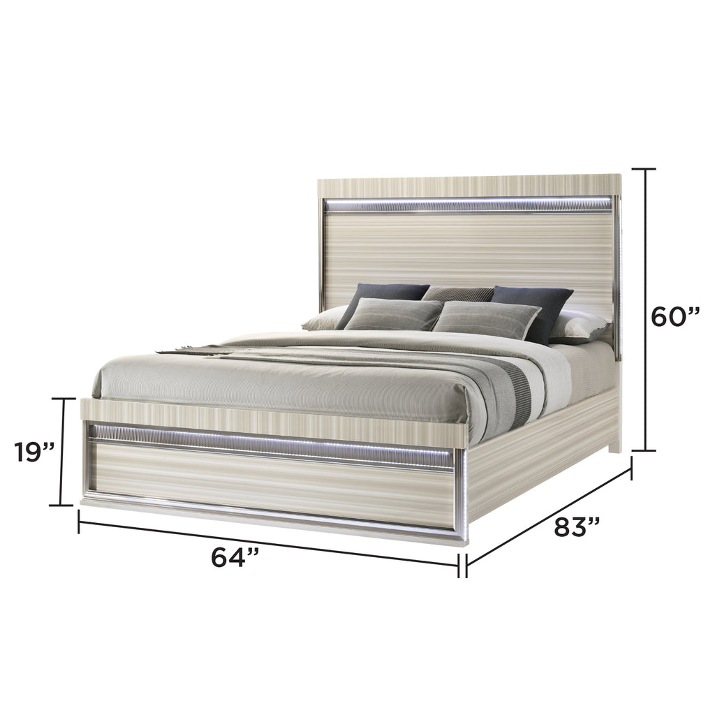 Leonor Modern Queen 4Pc Bedroom Set Made with Wood and LED Lighting in Gray with Clean Linear Detailing