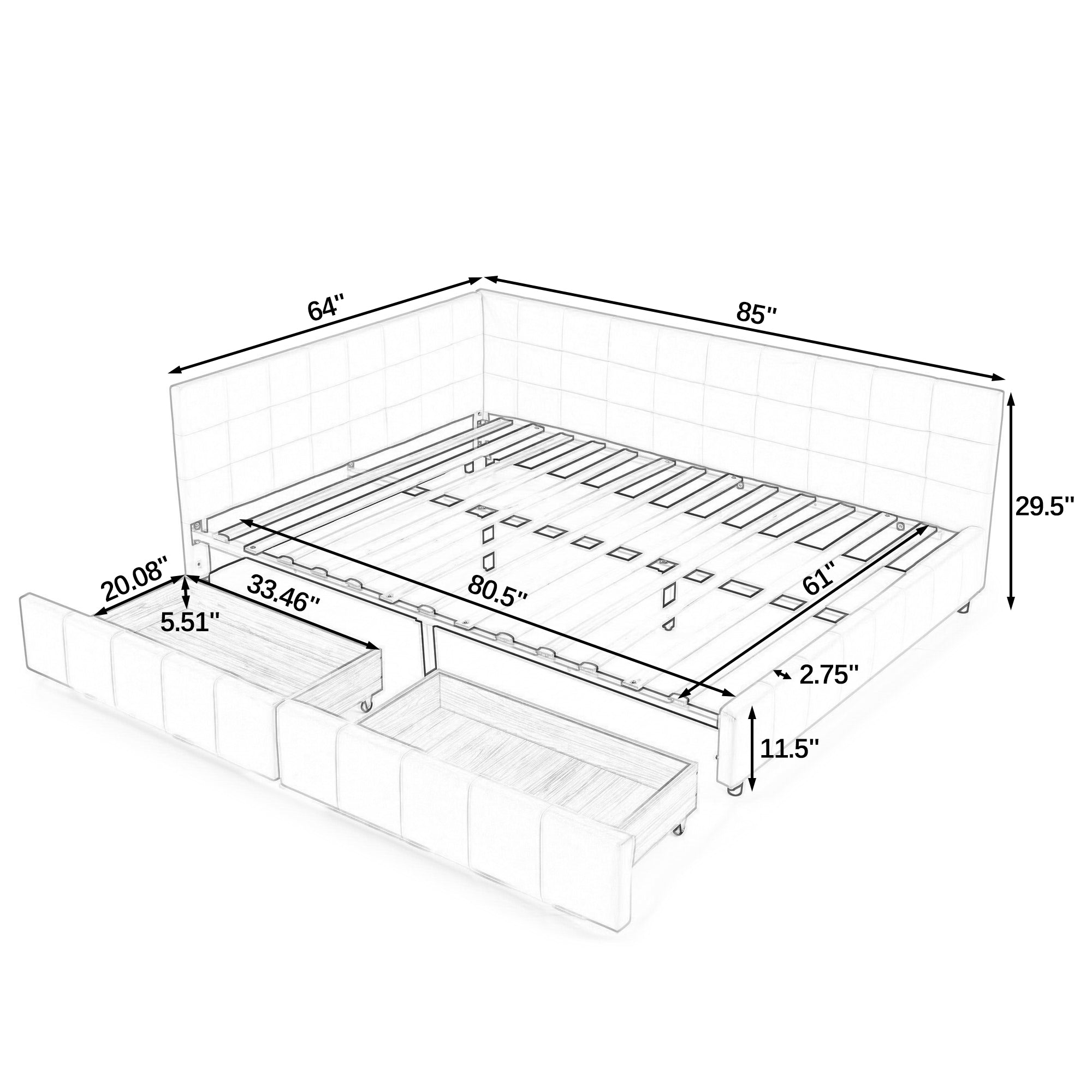 Queen Size Storage Upholstered Tufted Bed Frame, Sofa Bed Frame with Comfortable Backrest and Armrests, Queen Size Bed for Bedroom, Living Room,Velvet, BLACK(85.5''*64.5''*29.5'')