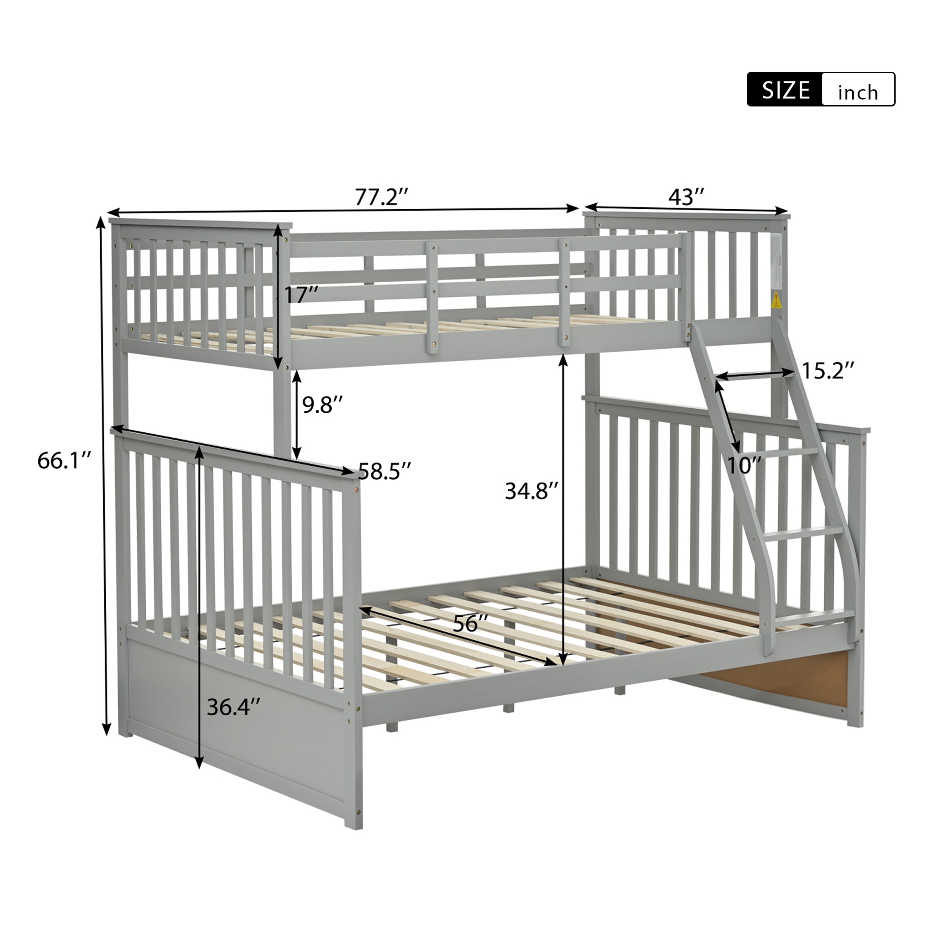 Twin Over Full Bunk Bed , Wooden Bunk Bed with Ladder and Safety Guard Rails –Gray