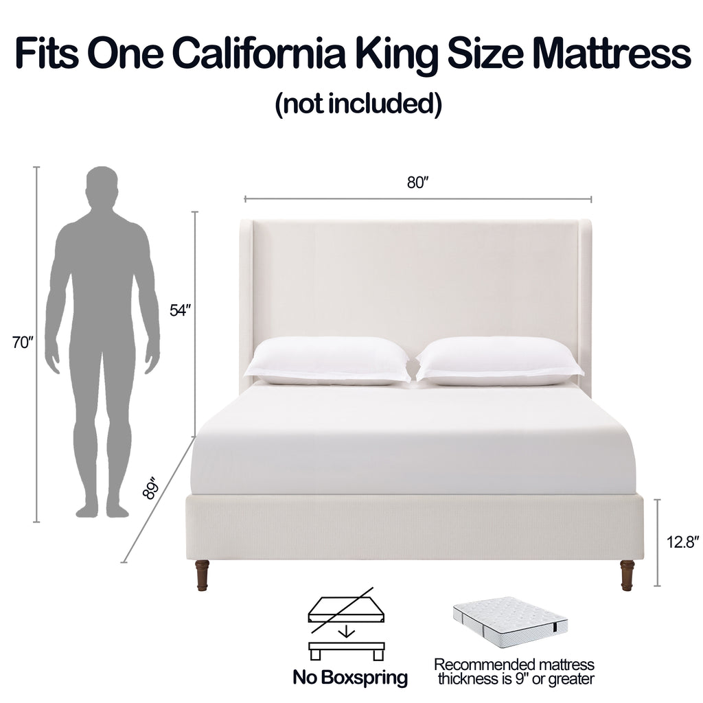 Harper Tall Headboard Upholstered Bed / 54" High Headboard / Elegant Simplicity / No Box Spring Needed / Easy Assembly / California King / Cream White Chenille