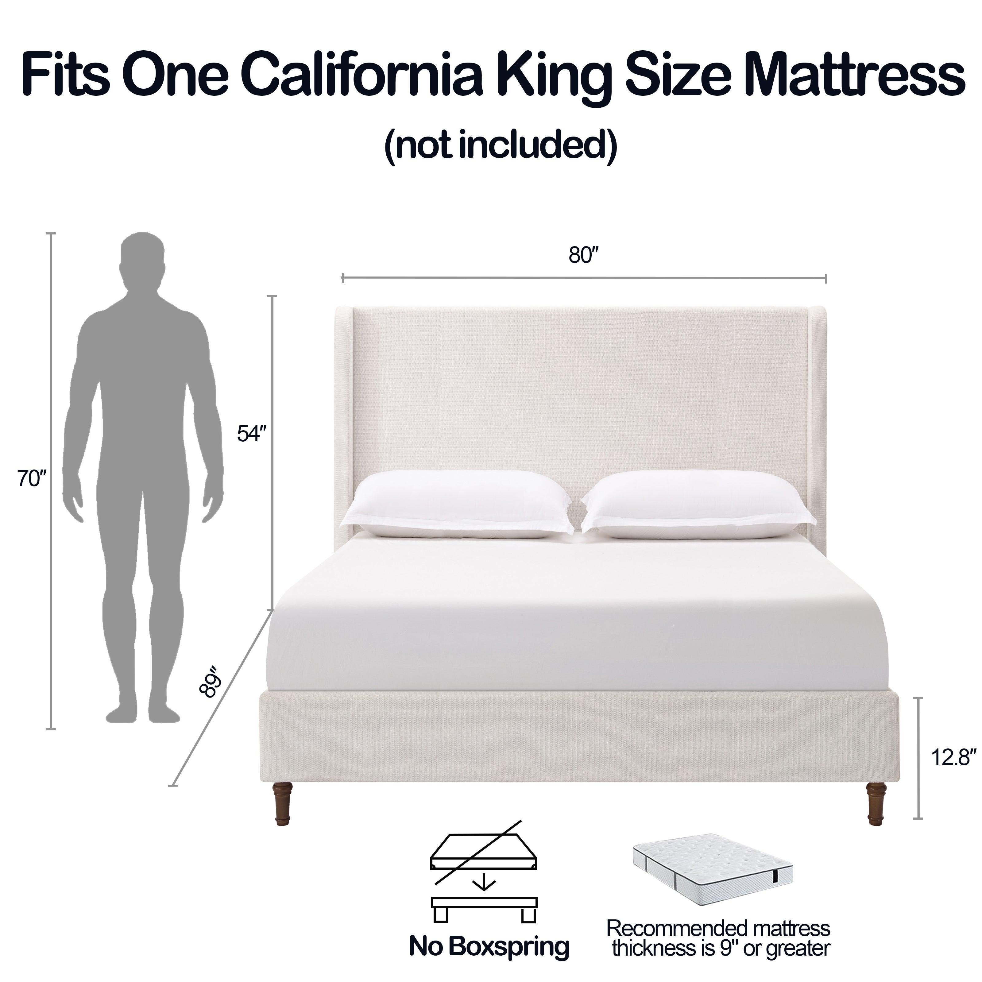 Harper Tall Headboard Upholstered Bed / 54" High Headboard / Elegant Simplicity / No Box Spring Needed / Easy Assembly / California King / Cream White Chenille