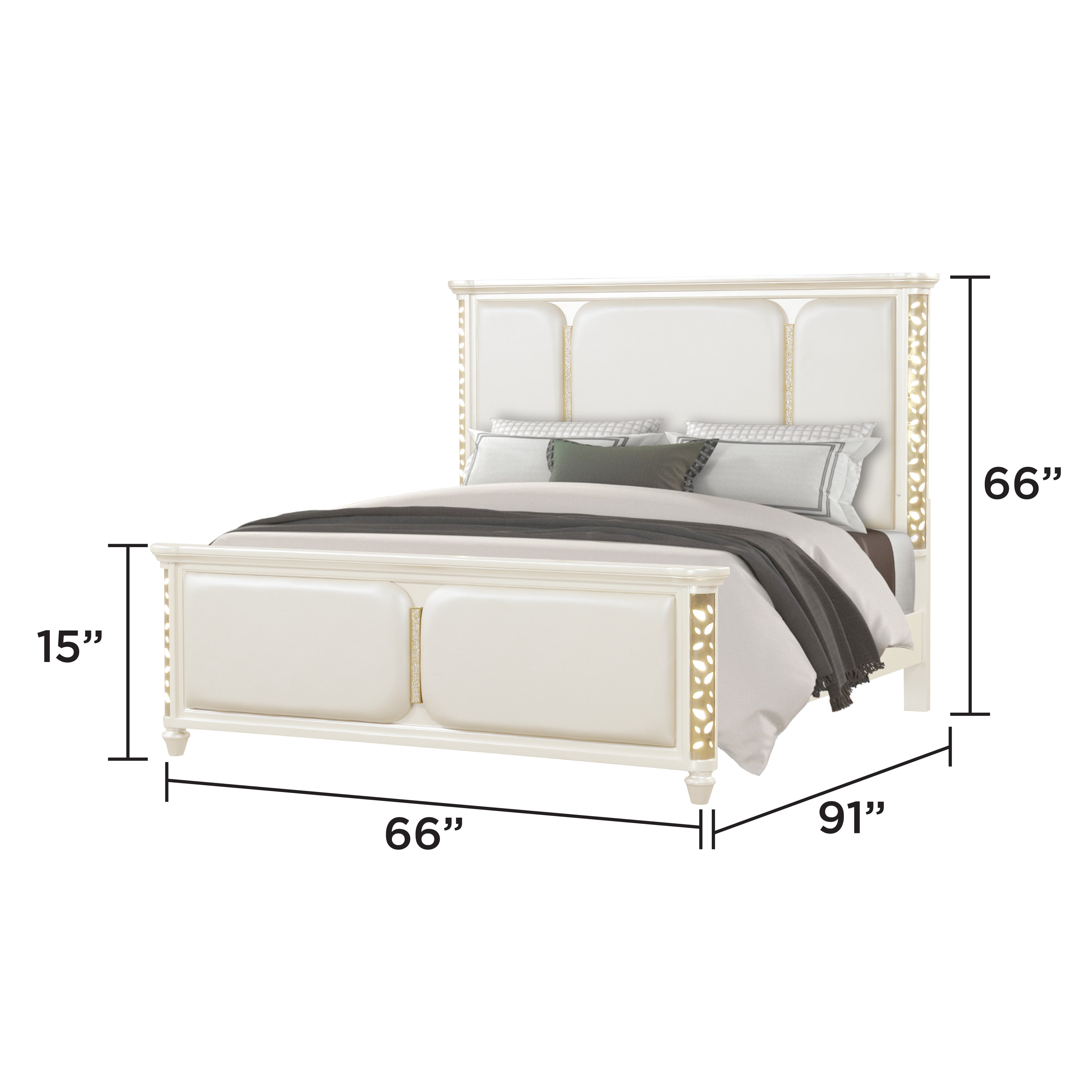 Cinderella Traditional 4 Pc Queen Bedroom Set with LED Lighting, Upholstered Bed and Gold Accents in Beige