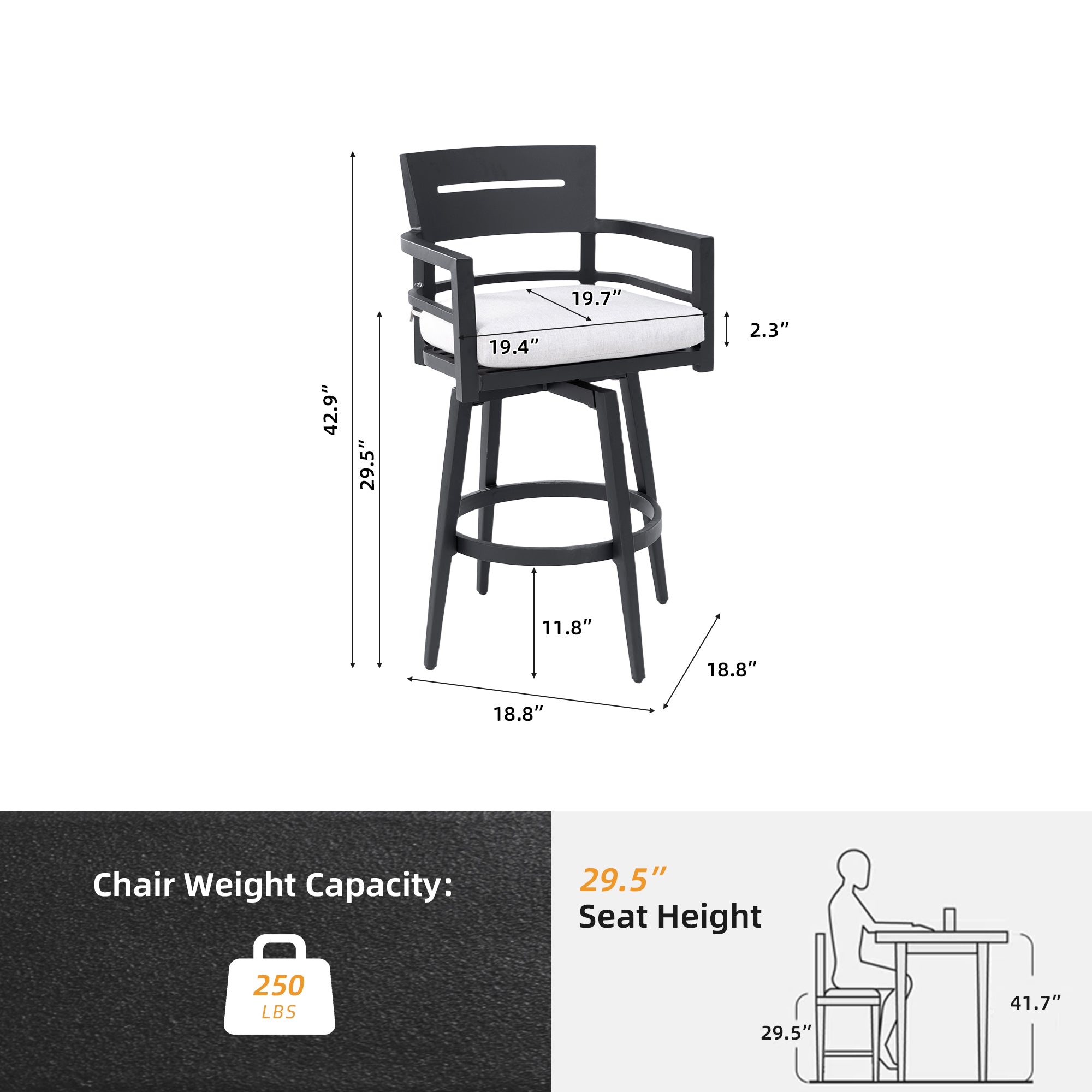 Modern Outdoor 2-Piece Swivel Bar Chairs – Aluminum Frame with Ember Black, 360° Swivel, Ergonomic Backrest & Armrests, Tapered Legs, Sunbrella Cushion, Weather-Resistant & Durable Patio Bar Stool