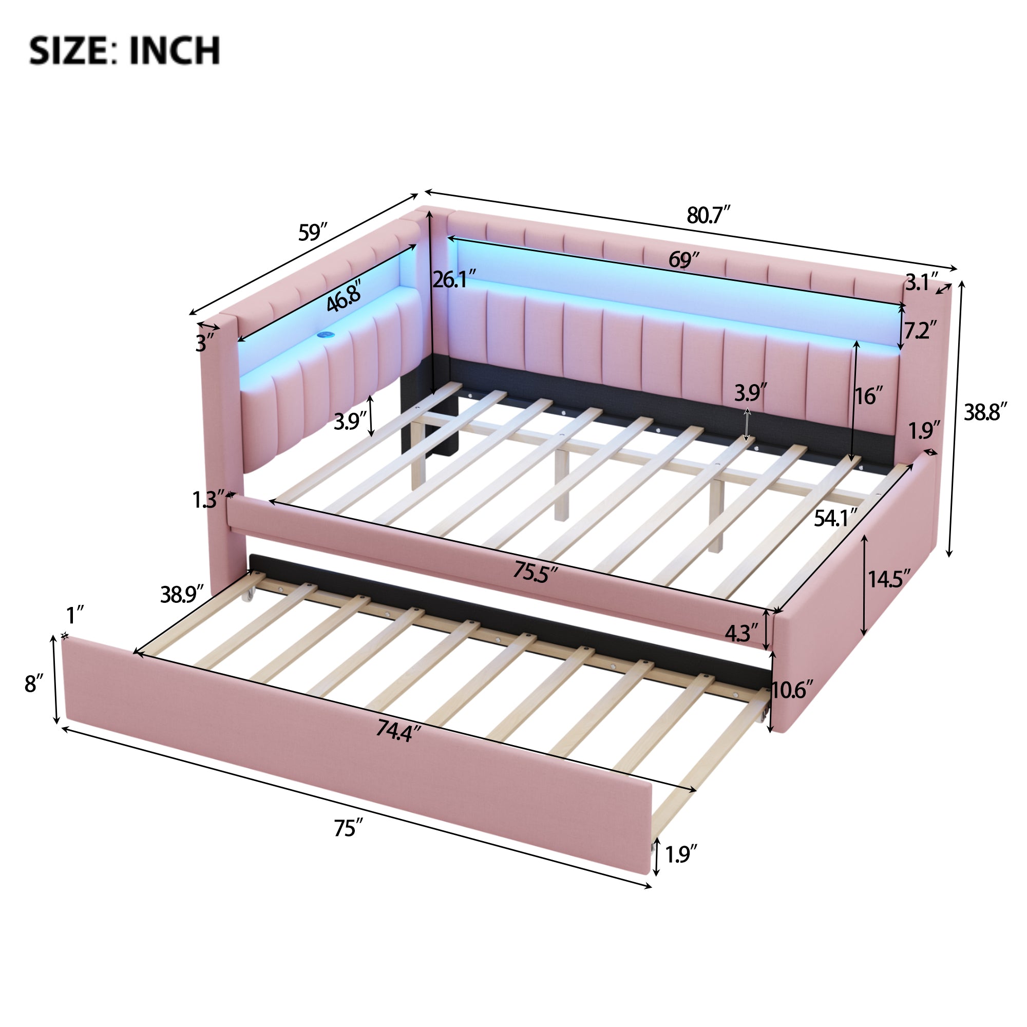 Upholstered Full Size Platform Bed with USB Ports and LED Belt, With Trundle, Pink