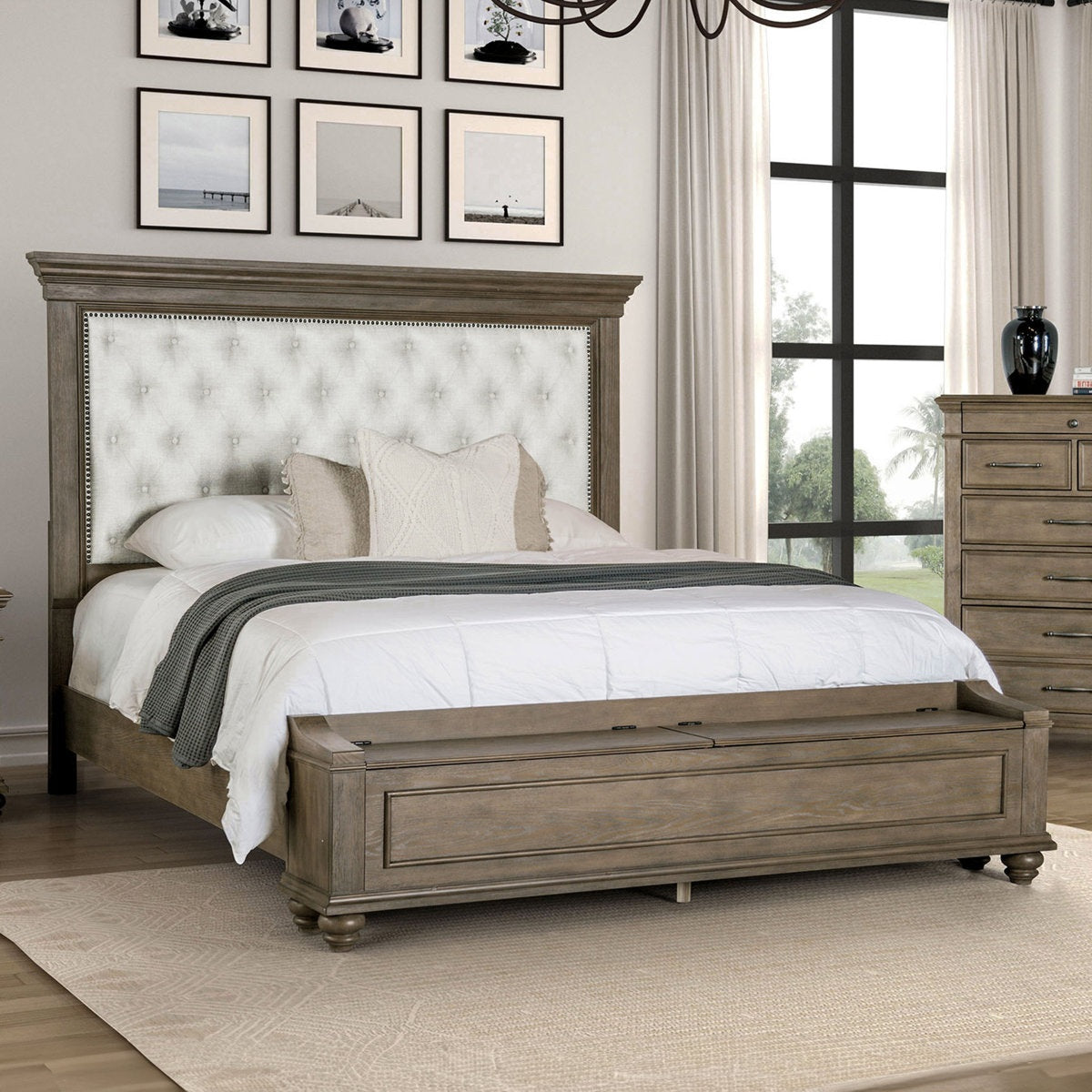 Traditional Bedroom 3pc Set Eastern King Size Bed 2x Nightstands Aged Oak Color FB Bench w Storage Beige Padded Fabric