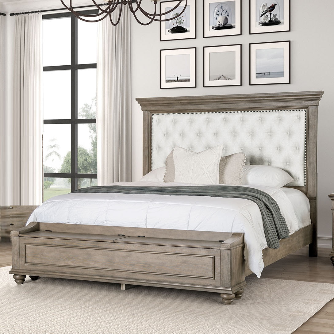 Traditional Bedroom 3pc Set Eastern King Size Bed 2x Nightstands Aged Oak Color FB Bench w Storage Beige Padded Fabric
