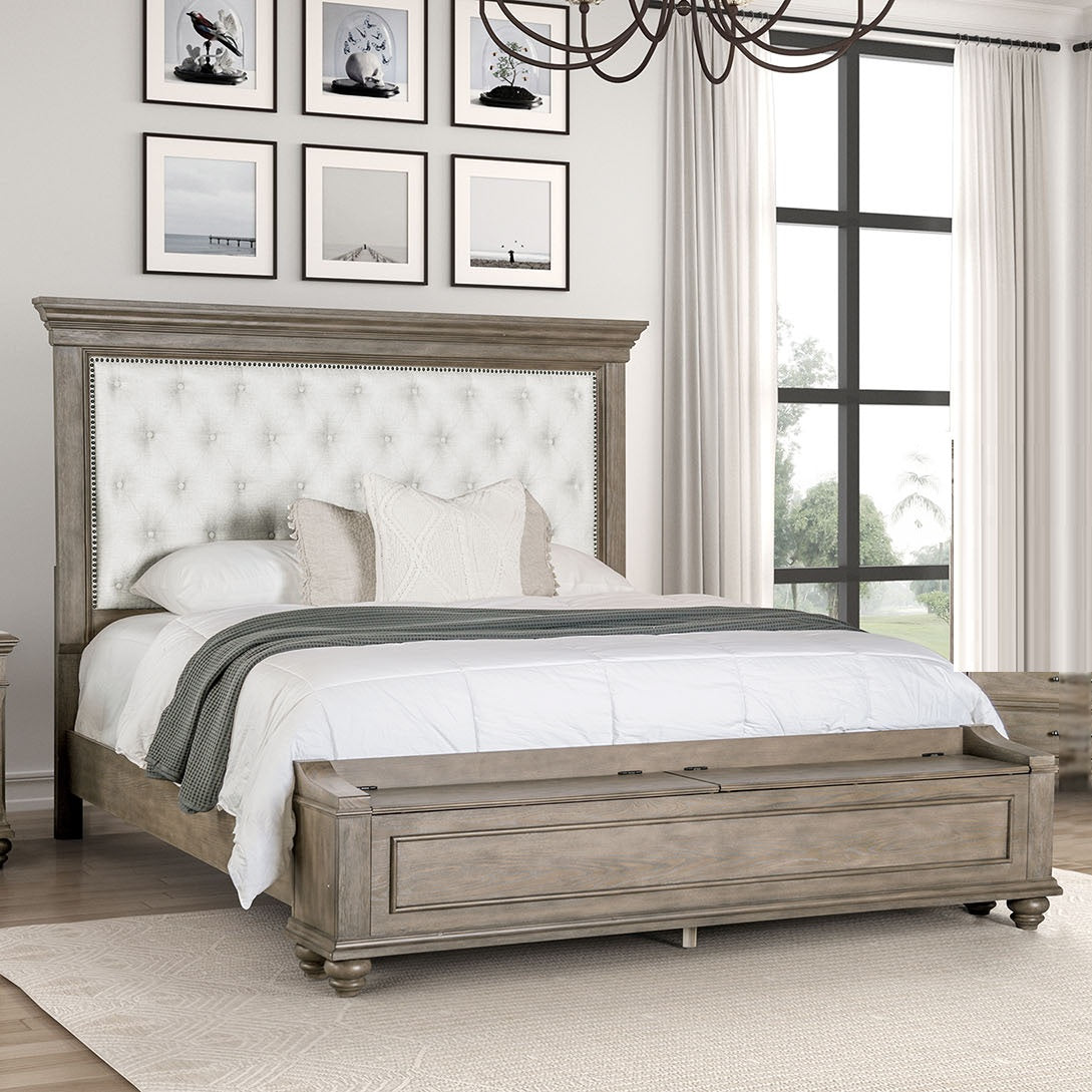 Traditional Bedroom 3pc Set Eastern King Size Bed 2x Nightstands Aged Oak Color FB Bench w Storage Beige Padded Fabric