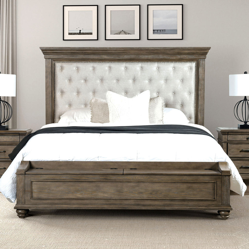 Traditional Bedroom 3pc Set Eastern King Size Bed 2x Nightstands Aged Oak Color FB Bench w Storage Beige Padded Fabric