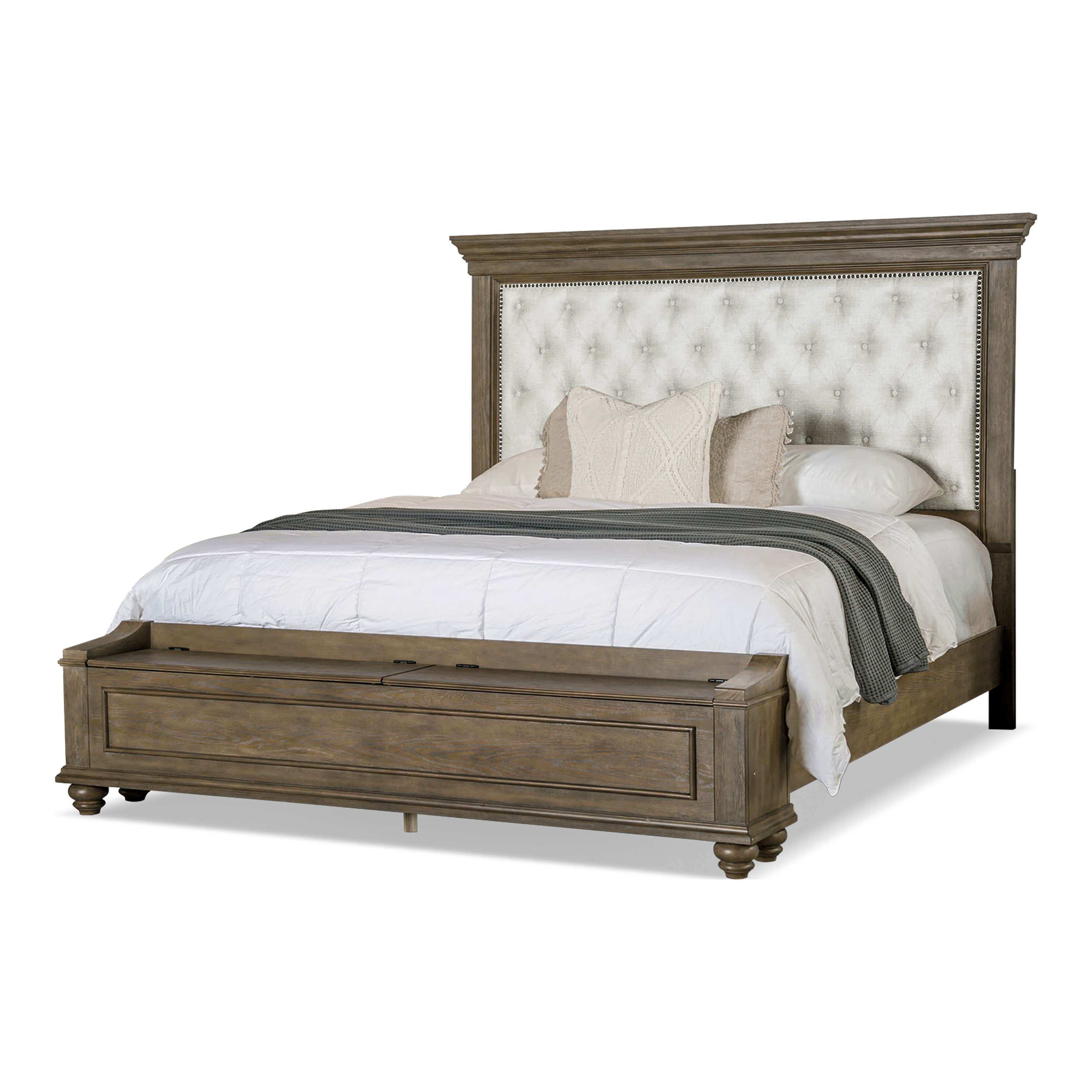 Traditional Bedroom 3pc Set Eastern King Size Bed 2x Nightstands Aged Oak Color FB Bench w Storage Beige Padded Fabric