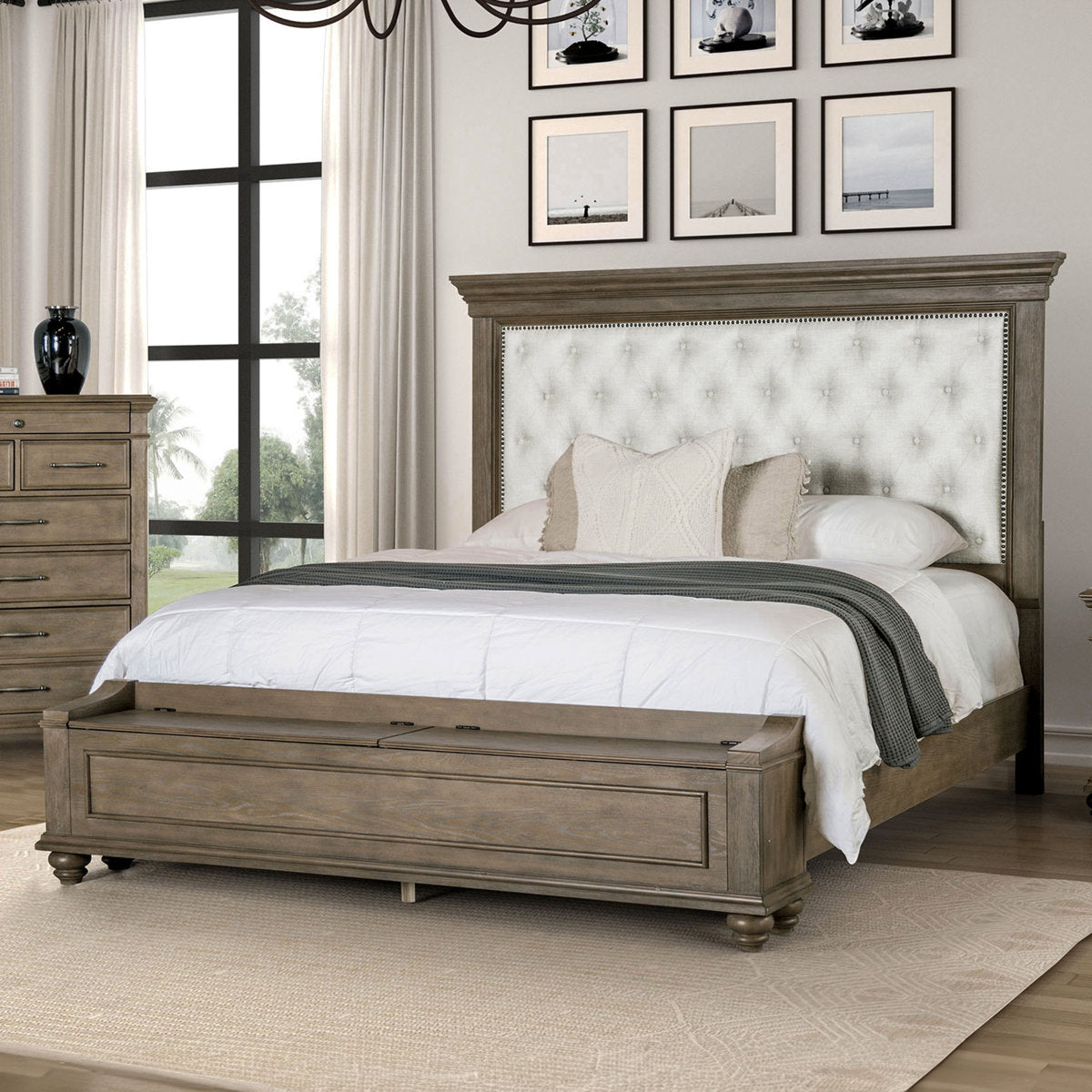 Traditional Bedroom 3pc Set Eastern King Size Bed 2x Nightstands Aged Oak Color FB Bench w Storage Beige Padded Fabric