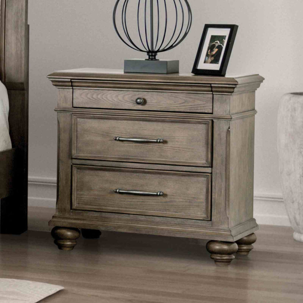 Traditional Bedroom 3pc Set Eastern King Size Bed 2x Nightstands Aged Oak Color FB Bench w Storage Beige Padded Fabric