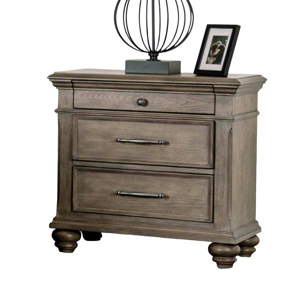 Traditional Bedroom 3pc Set Eastern King Size Bed 2x Nightstands Aged Oak Color FB Bench w Storage Beige Padded Fabric