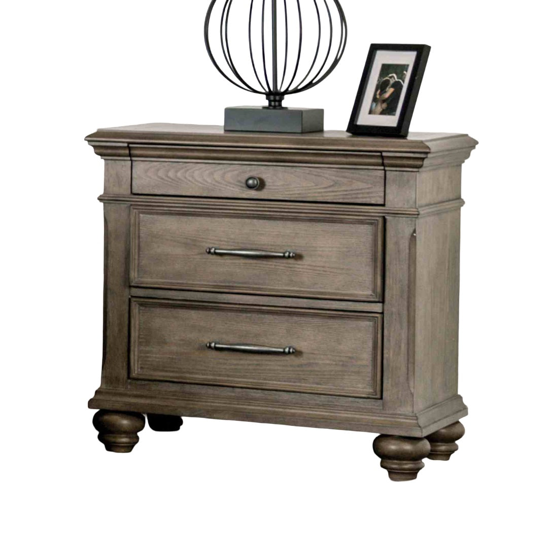 Traditional Bedroom 3pc Set Eastern King Size Bed 2x Nightstands Aged Oak Color FB Bench w Storage Beige Padded Fabric