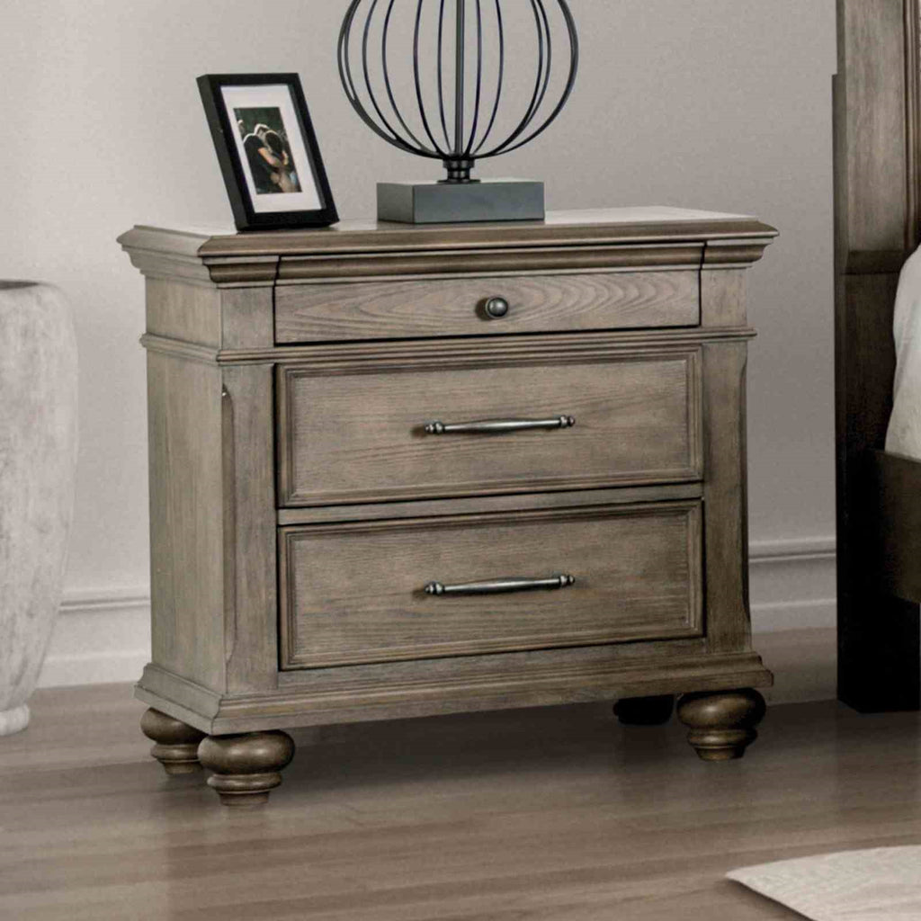 Traditional Bedroom 3pc Set Eastern King Size Bed 2x Nightstands Aged Oak Color FB Bench w Storage Beige Padded Fabric