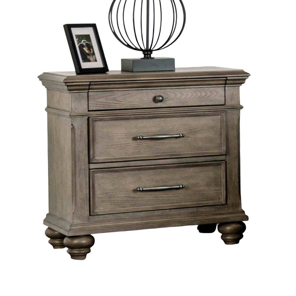 Traditional Bedroom 3pc Set Eastern King Size Bed 2x Nightstands Aged Oak Color FB Bench w Storage Beige Padded Fabric