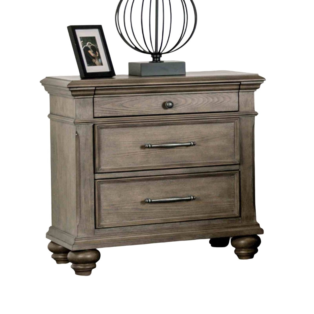 Traditional Bedroom 3pc Set Eastern King Size Bed 2x Nightstands Aged Oak Color FB Bench w Storage Beige Padded Fabric