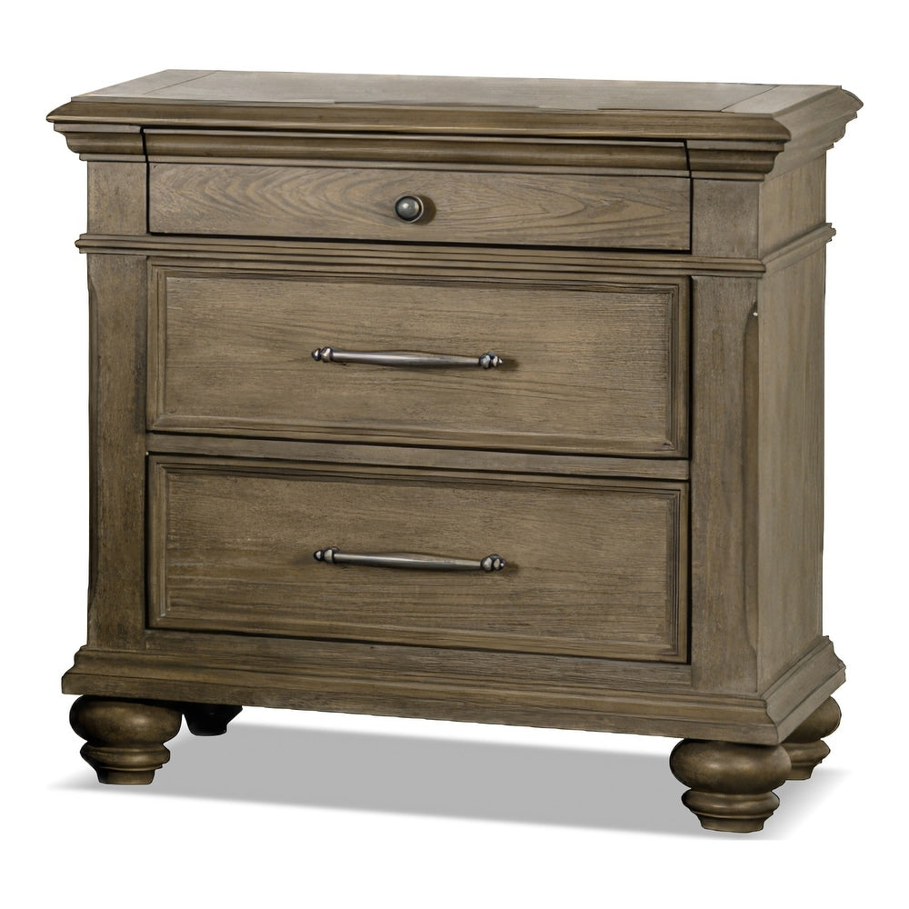 Traditional Bedroom 3pc Set Eastern King Size Bed 2x Nightstands Aged Oak Color FB Bench w Storage Beige Padded Fabric