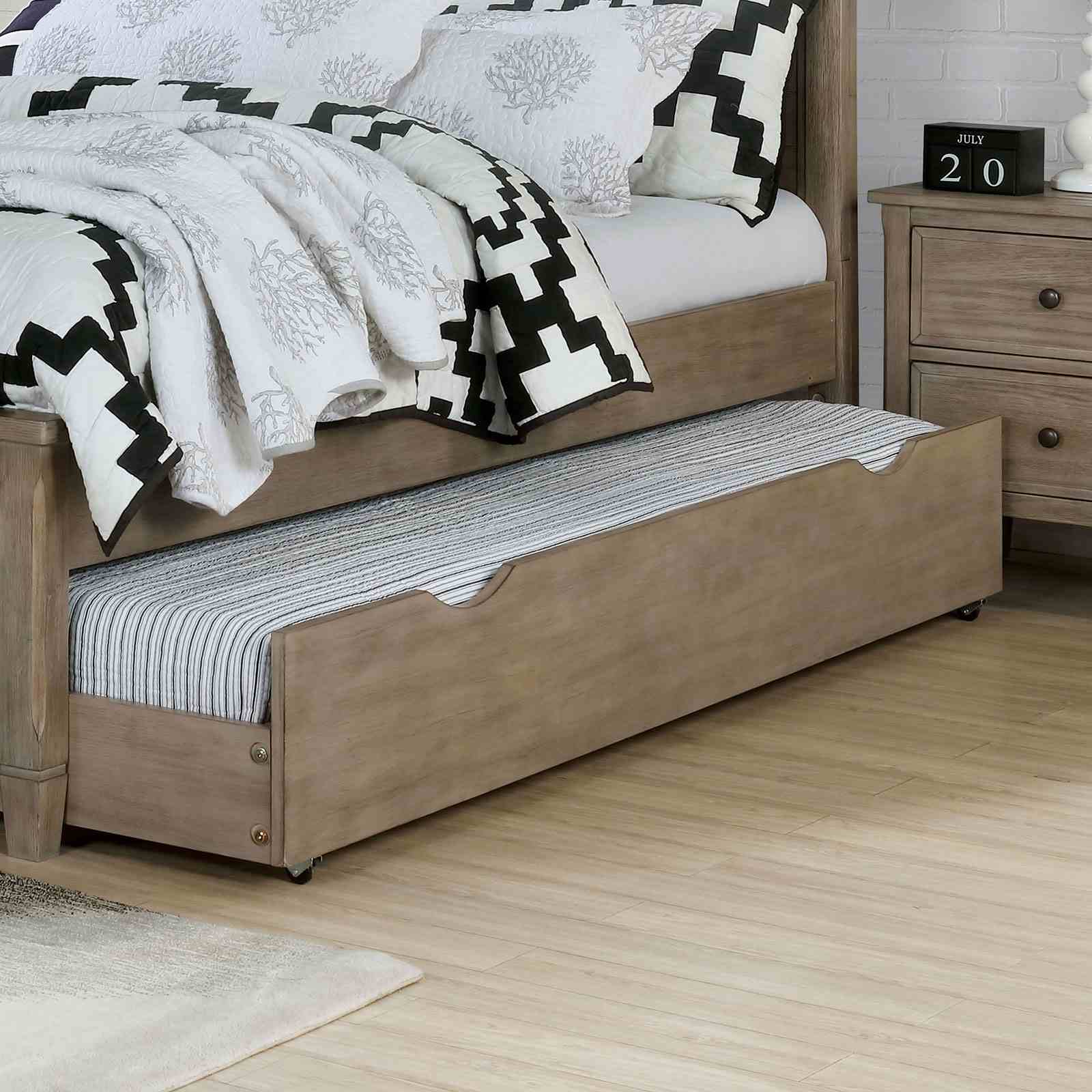 Transitional Twin Size Bed w Trundle 2x Nightstands Warm Gray Bedroom Furniture Wood Grain Texture 3pc Set