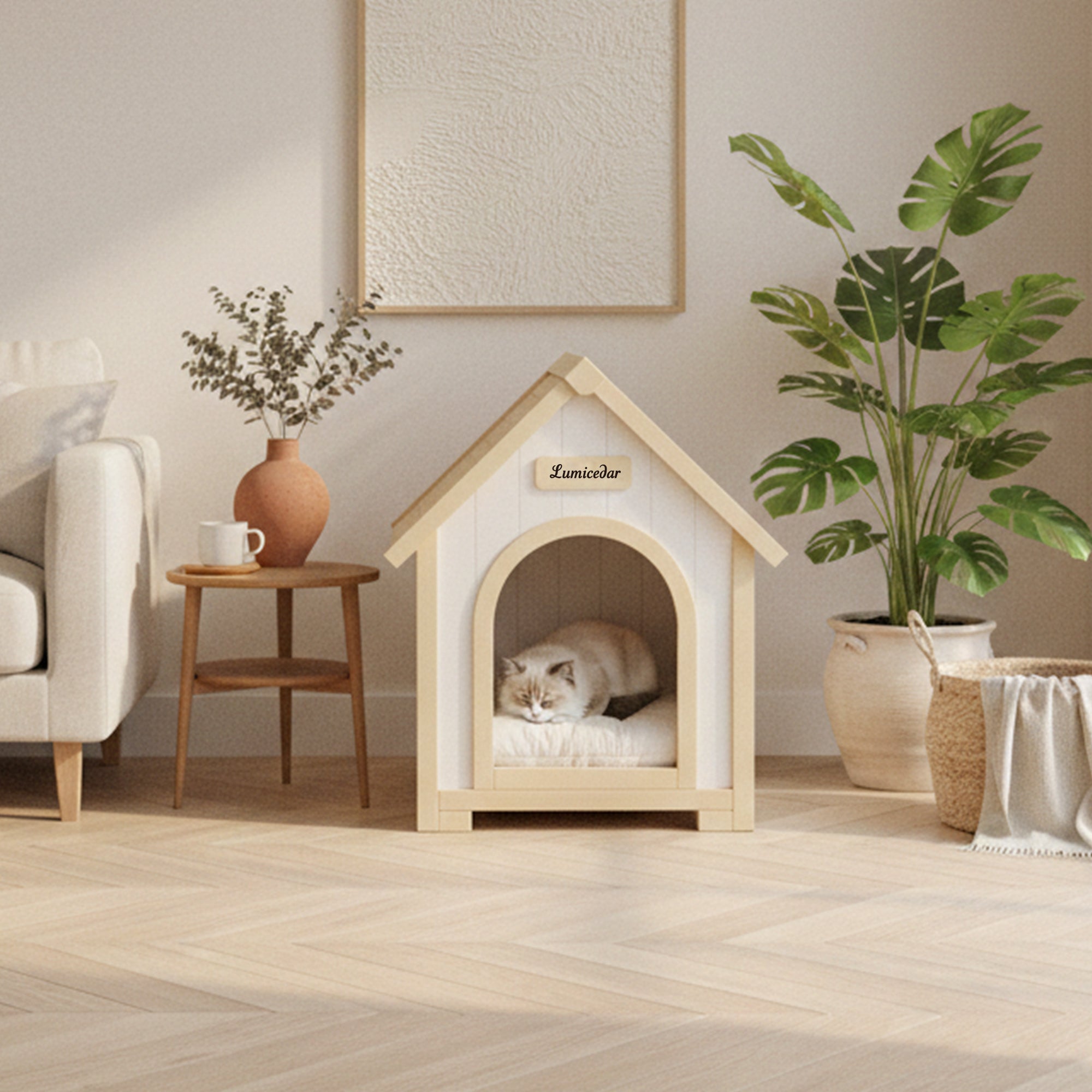 Modern Indoor Wooden Dog House with EVA Cushion – Solid Cedar Pet House for Small Dogs & Cats