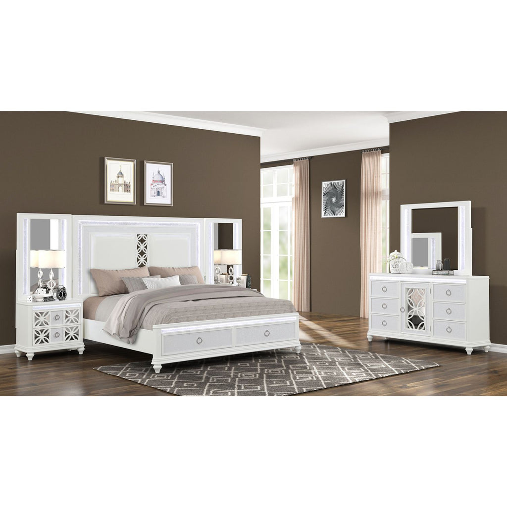 Abigale Queen 4Pc Bedroom Set with Mirror Top Nightstand made with wood, Footboard Drawers in White