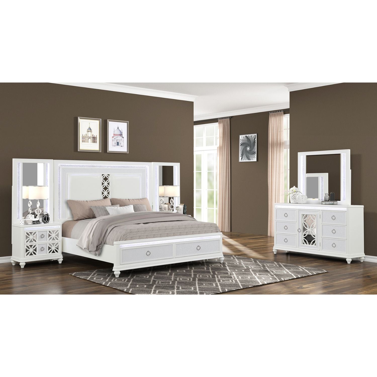 Abigale Queen 4Pc Bedroom Set with Mirror Top Nightstand made with wood, Footboard Drawers in White