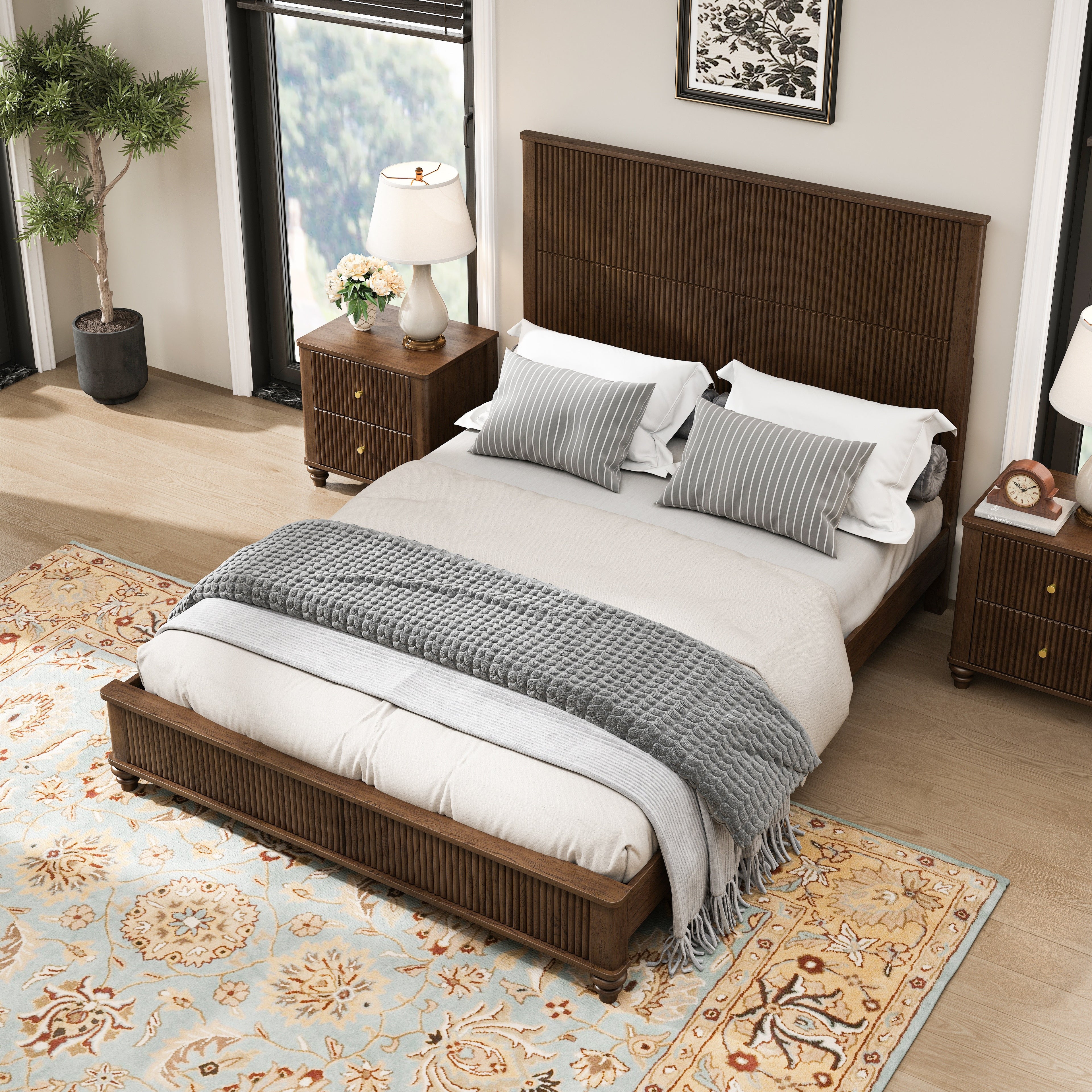 3-Piece Bedroom set with a Queen Size Bed and 2 Nightstands,Walnut Brown