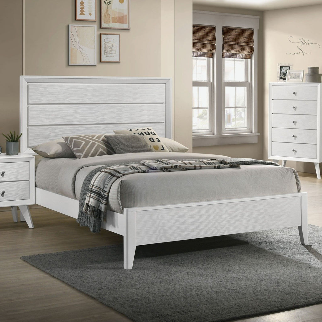 White Queen Size Bed 2x Nightstands Wave Texture Panel HB Bedroom Furniture Contemporary 3pc Set