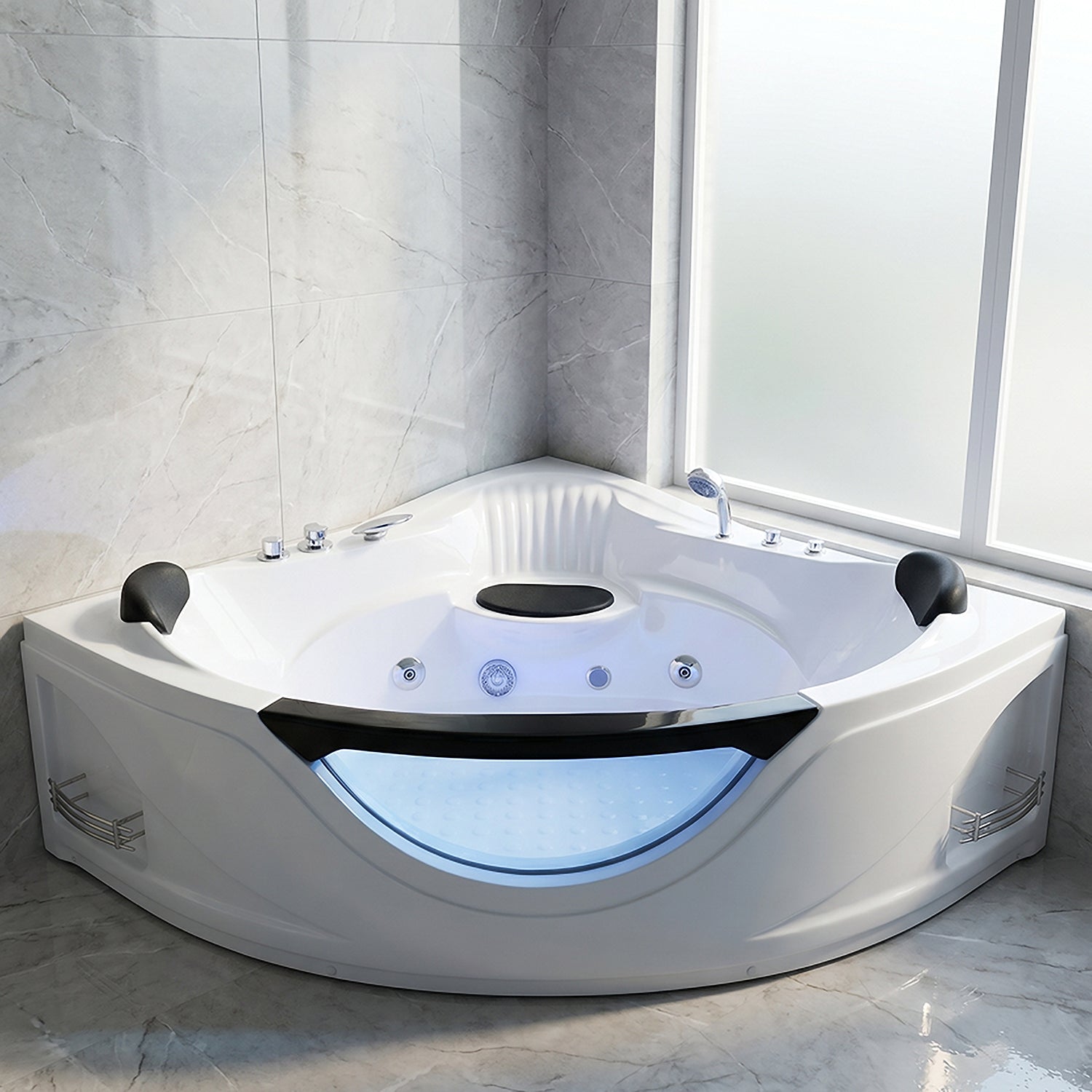 59" Corner Whirlpool Bathtub for 2-Person, Luxury Jetted Spa Tub with 6 Hydro Massage Jets, Chromatherapy LED Lights &Pneumatic adjust system, UL Certified water pump,UPC Certified drainer