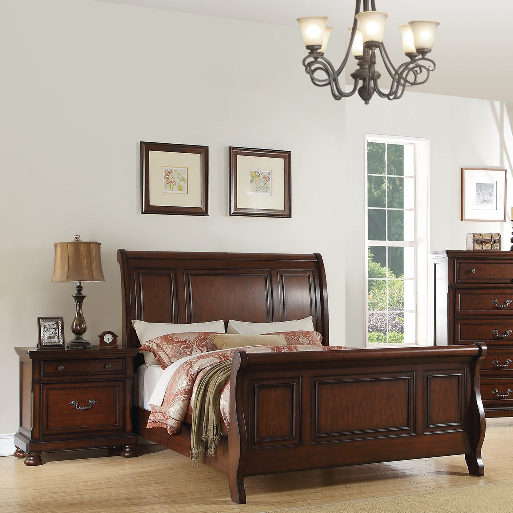 Traditional 3pc Set Queen Size Bed 2x Nightstands Panel Headboard Footboard Antique Cherry Bedroom Furniture