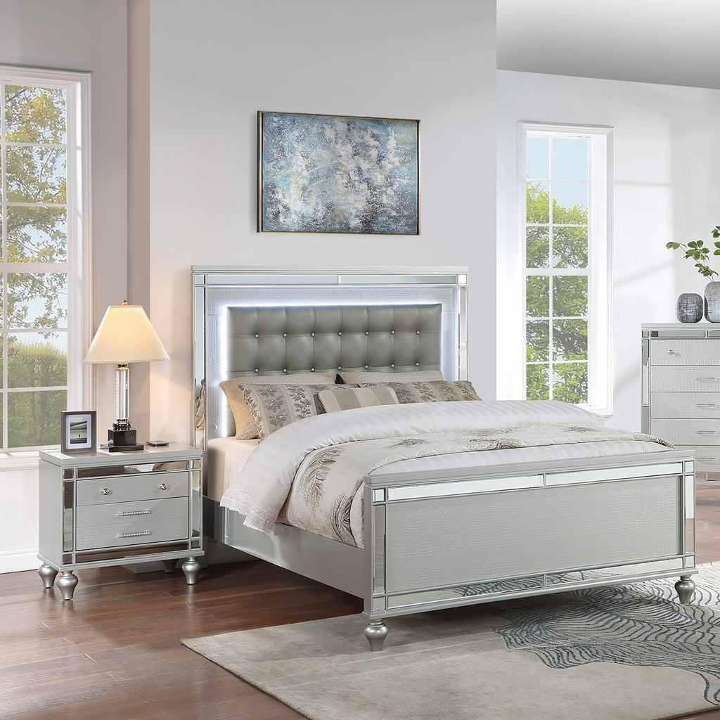 Sleek Modern Silver Tufted Faux Leather Queen Size Bed 2x Nightstands LED 3pc Set Panel Bedframe Bedroom