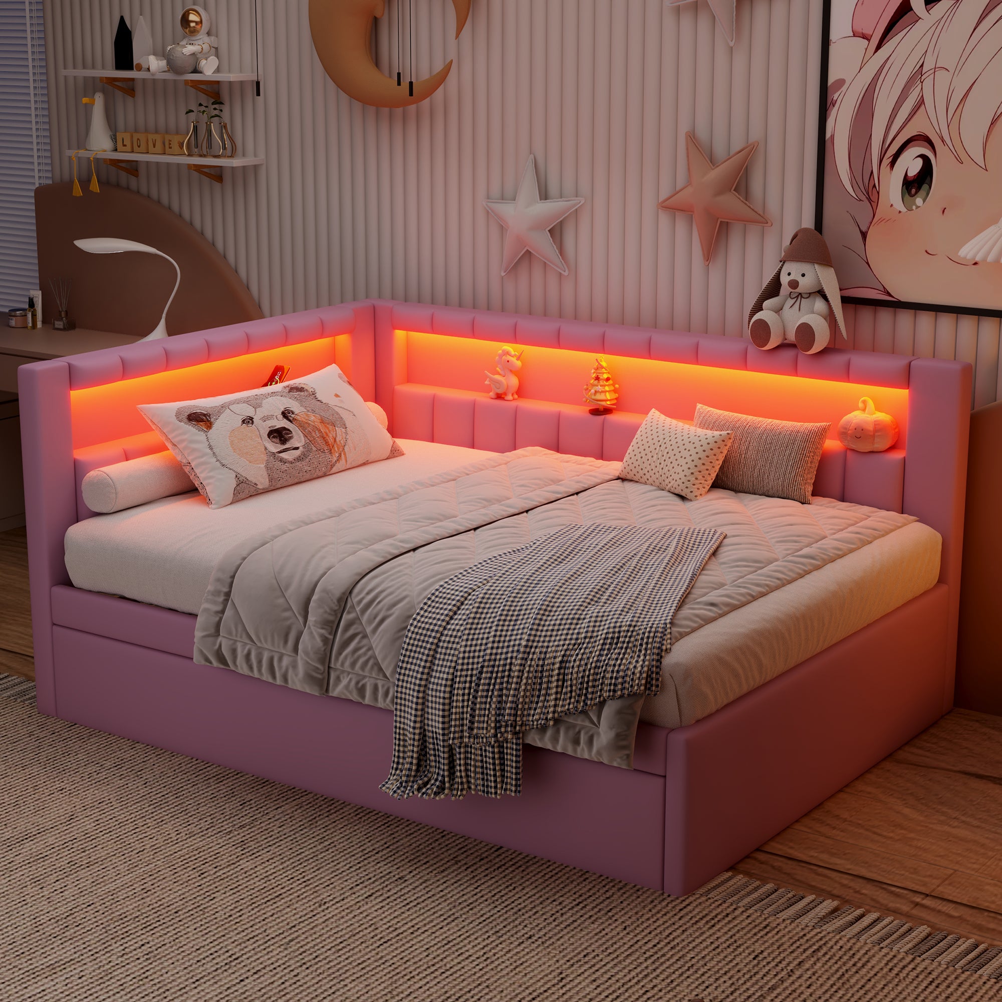 Upholstered Full Size Platform Bed with USB Ports and LED Belt, With Trundle, Pink