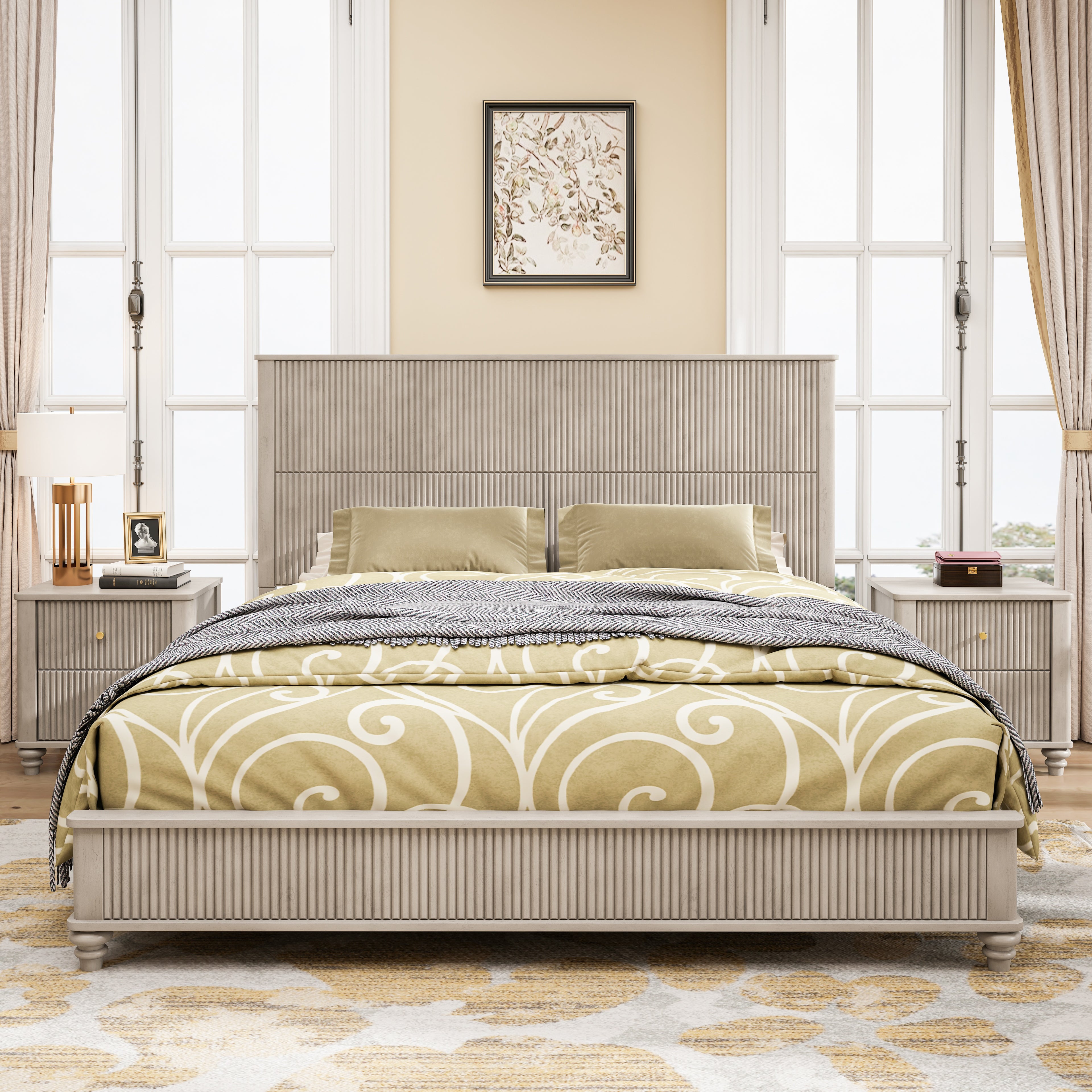 3-Piece Bedroom set with a King Size Bed and 2 Nightstands, Beige