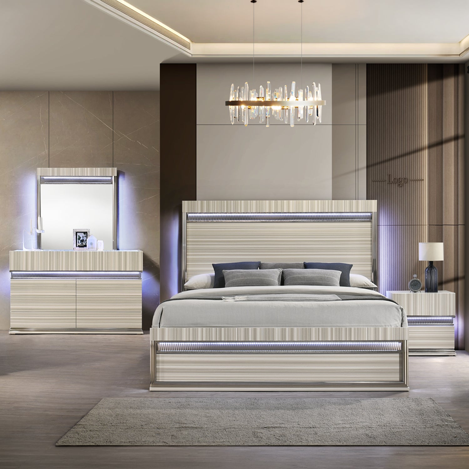 Leonor Modern Queen 4Pc Bedroom Set Made with Wood and LED Lighting in Gray with Clean Linear Detailing