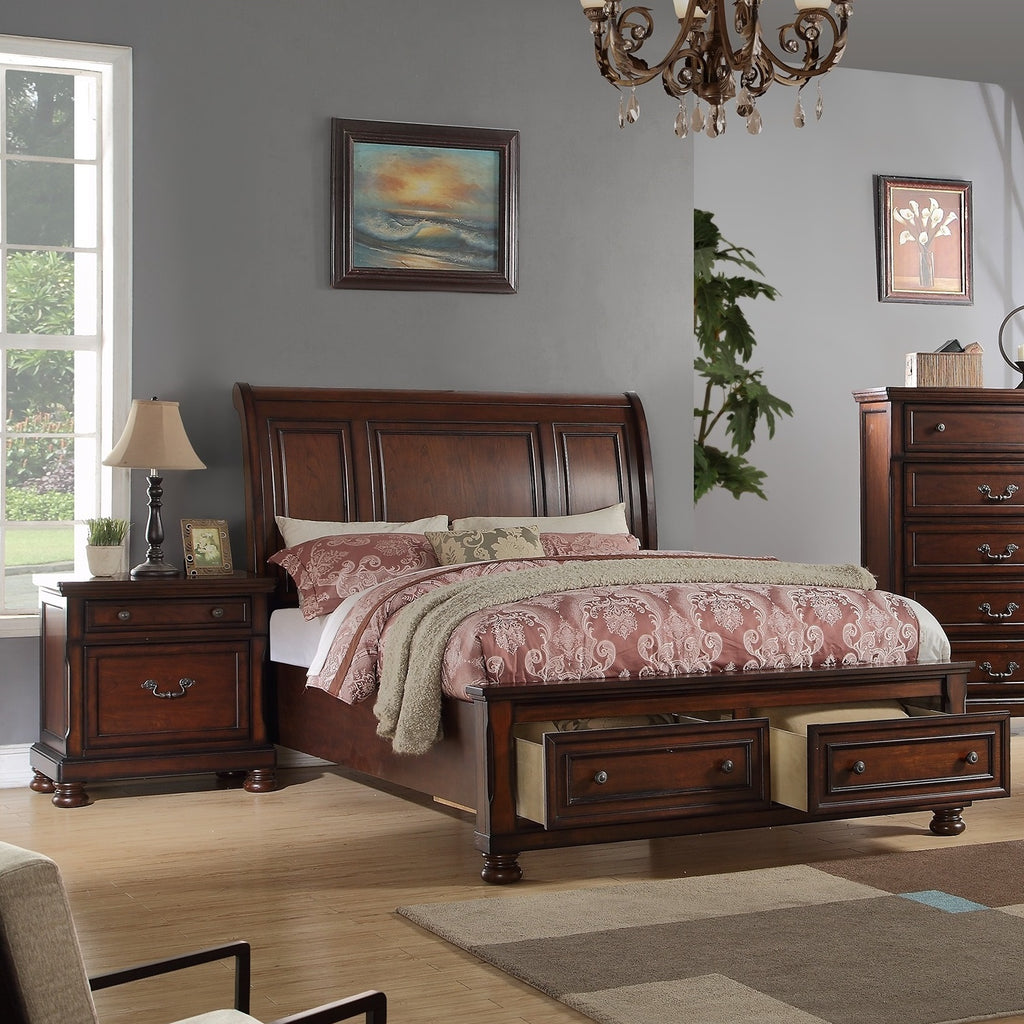 Traditional 3pc Bedroom Set Queen Size Bed 2x Nightstands Panel HB Footboard Drawers Antique Cherry Furniture