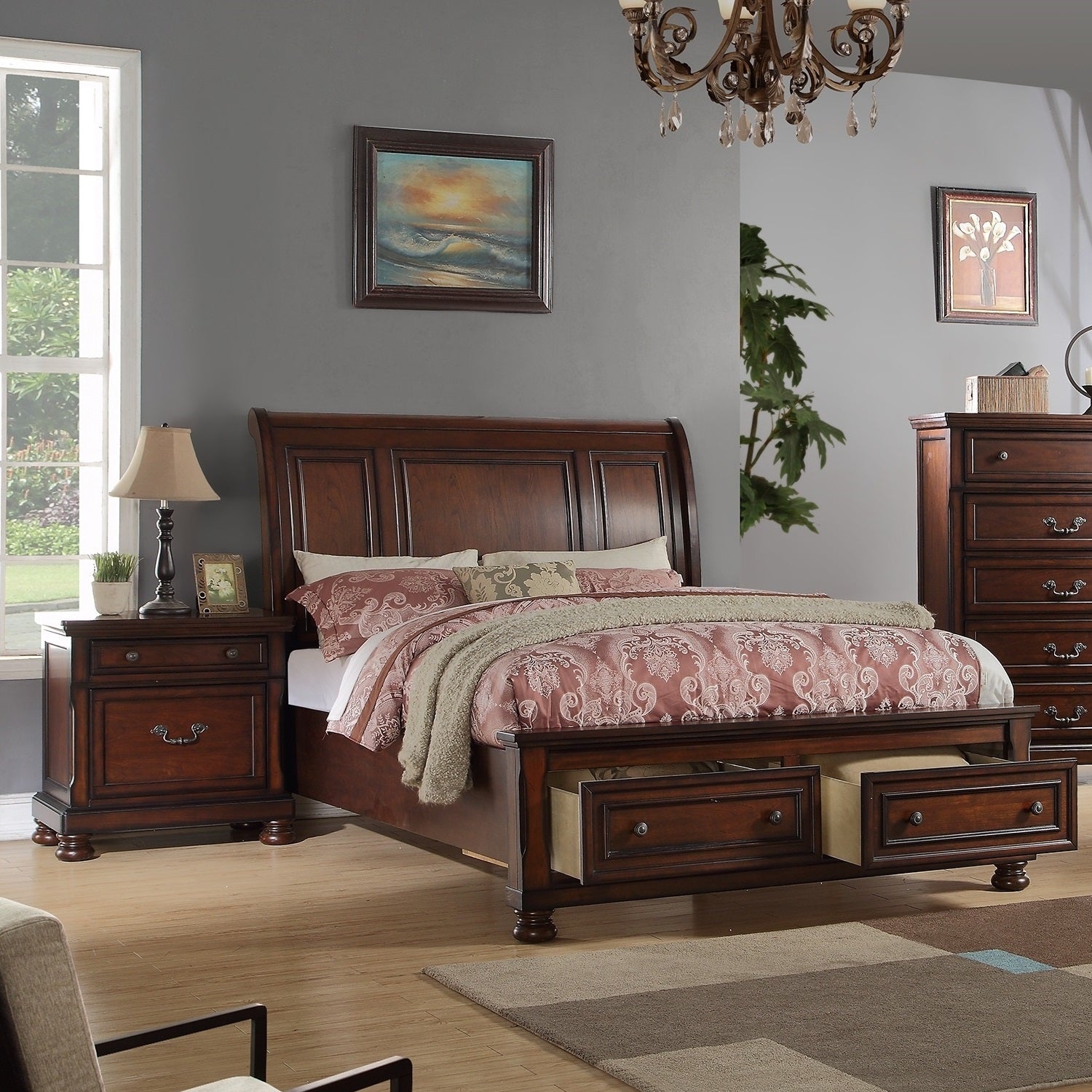 Traditional 3pc Bedroom Set Queen Size Bed 2x Nightstands Panel HB Footboard Drawers Antique Cherry Furniture
