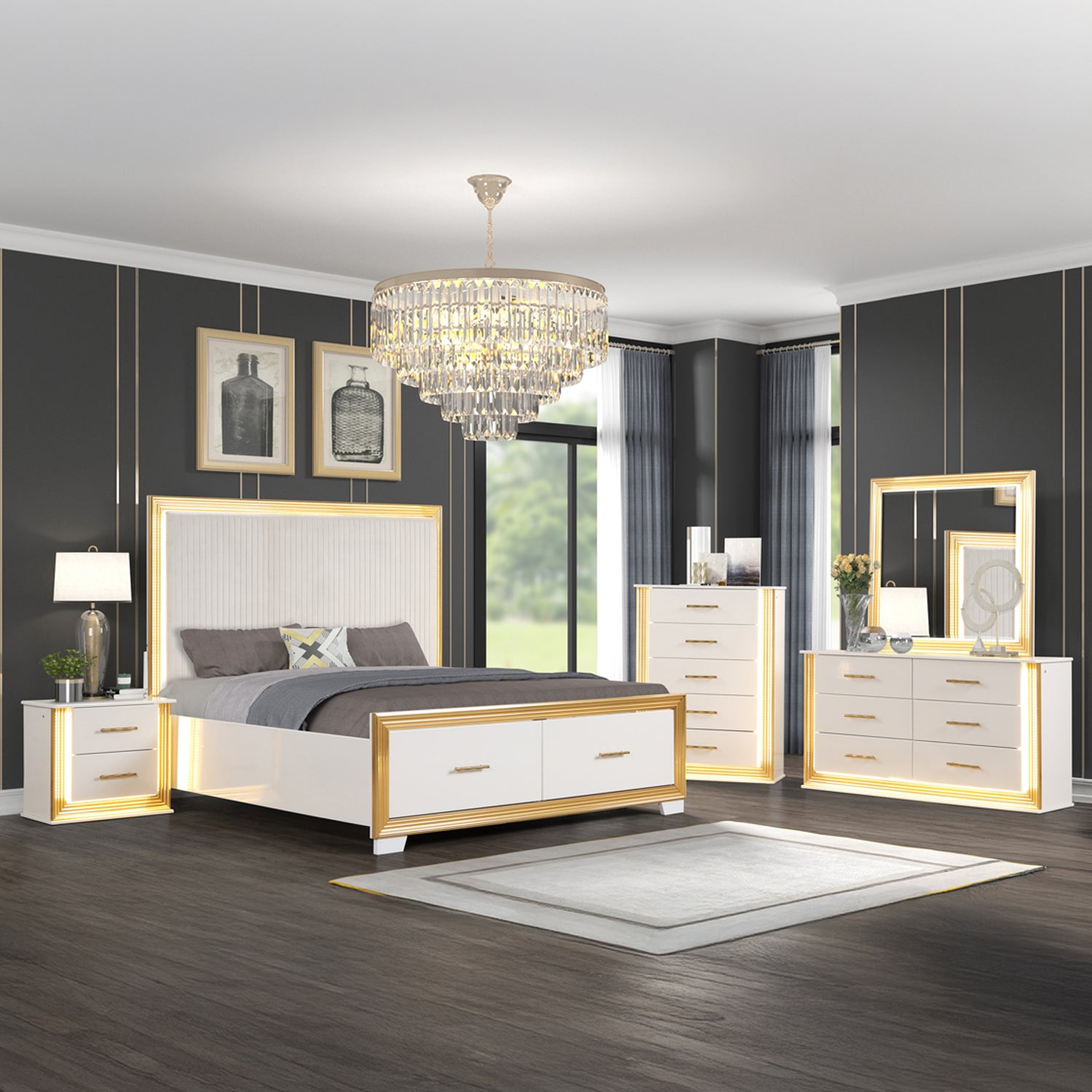 Contemporary Style 5PC Queen Bedroom Set Made with Wood & Gold Finish