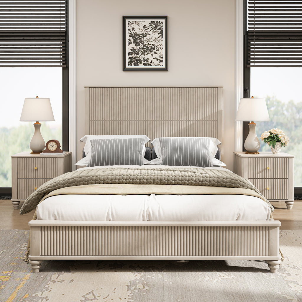3-Piece Bedroom set with a Queen Size Bed and 2 Nightstands, Beige