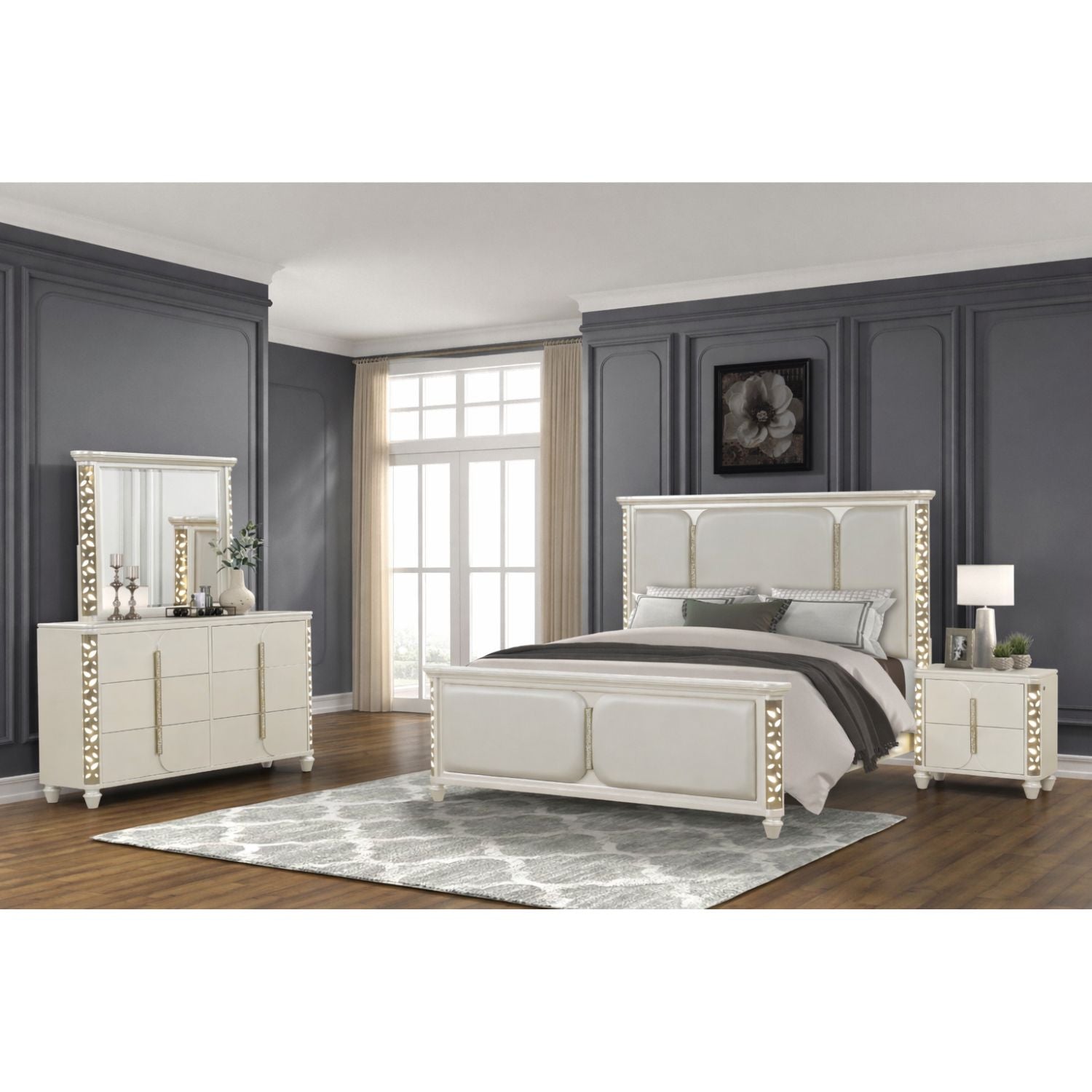 Cinderella Traditional 4 Pc Queen Bedroom Set with LED Lighting, Upholstered Bed and Gold Accents in Beige