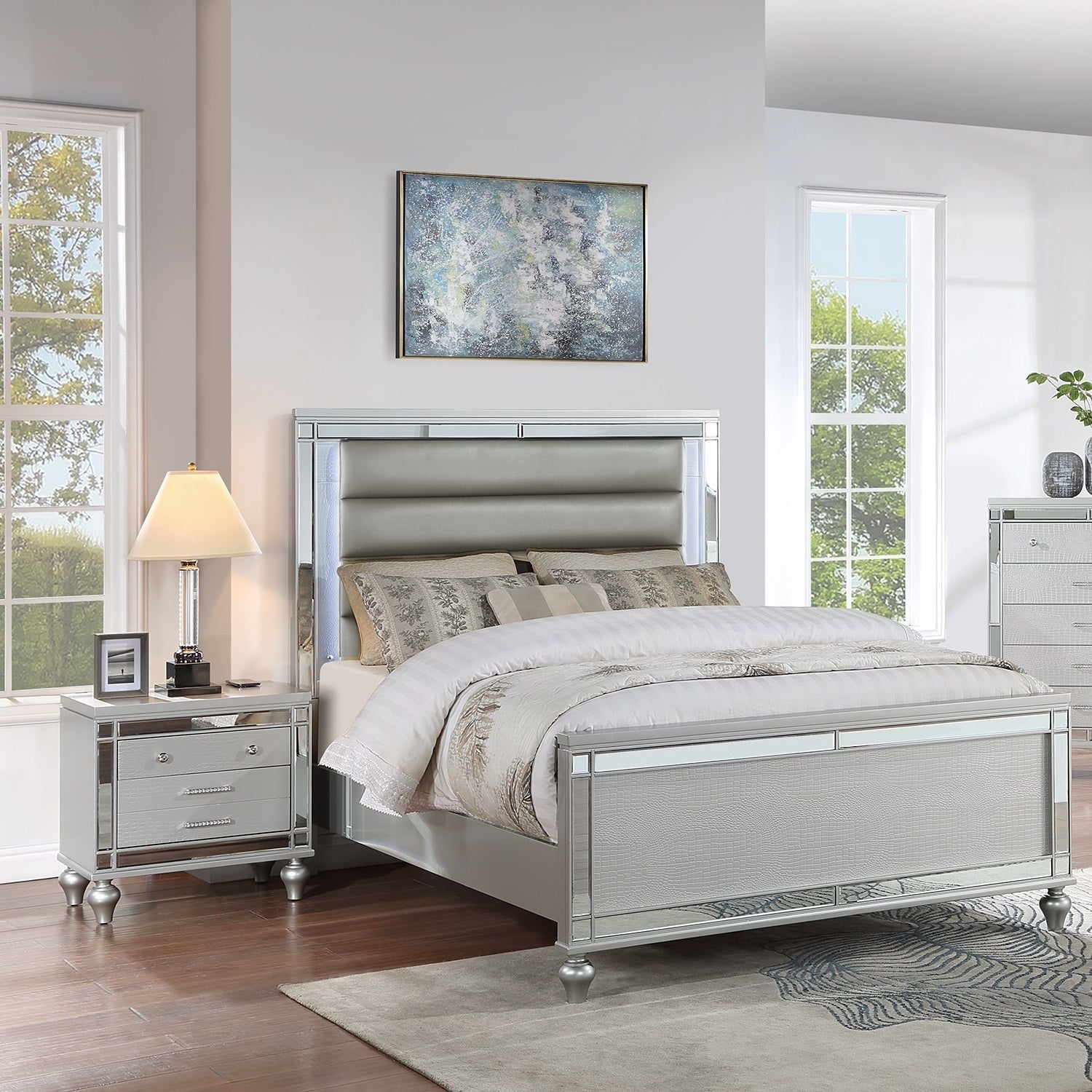 Bedroom Furniture Modern Queen Size Bed 2x Nightstands LED Lights Glass Panel Horizontal Tufting Silver